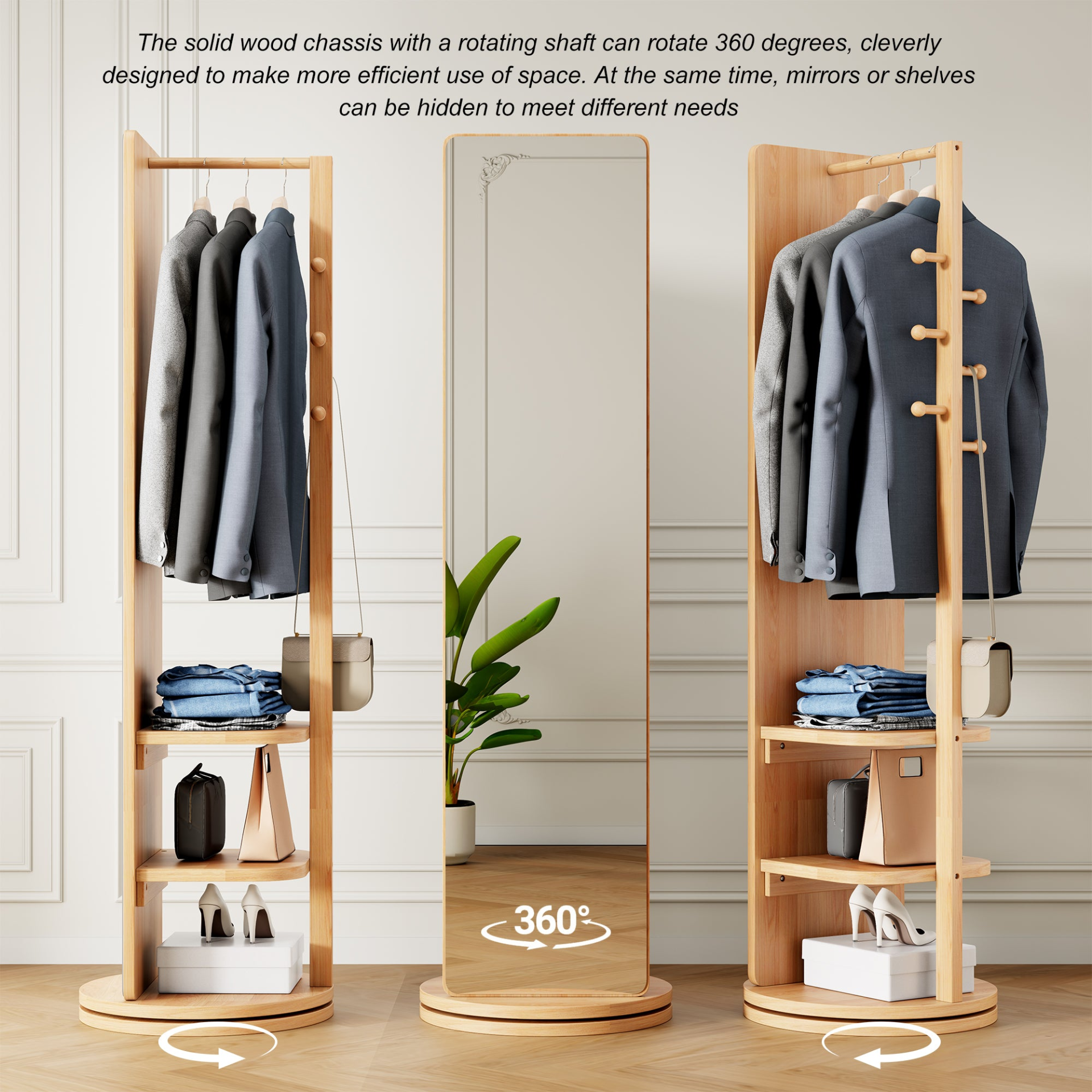 Start2Finish rotating full-length mirror with coat rack, natural rubber wood, and 360° rotation in bedroom or entryway setting