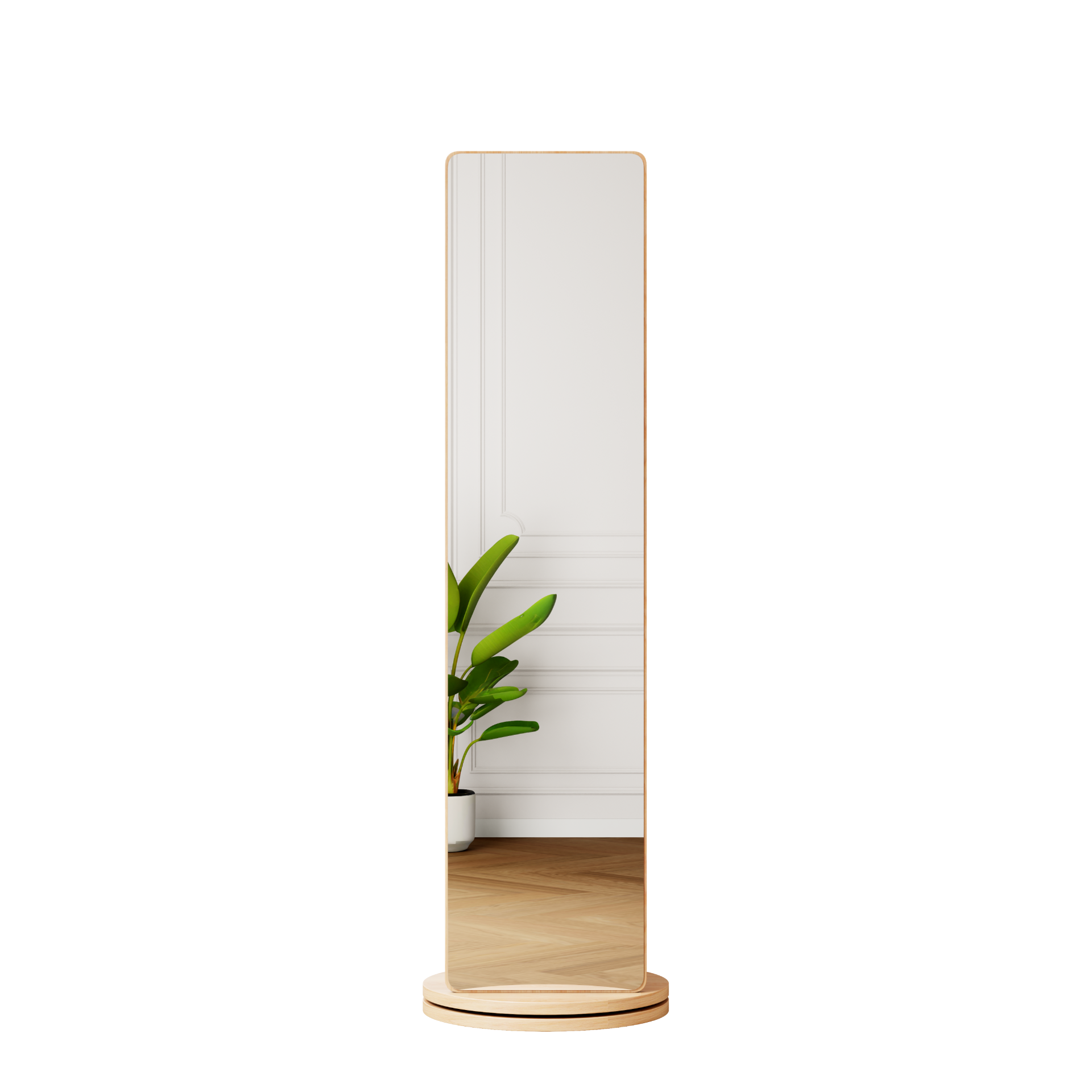 Start2Finish rotating full-length mirror with coat rack, rubber wood frame, natural finish, and 360° rotation for bedroom or entryway.