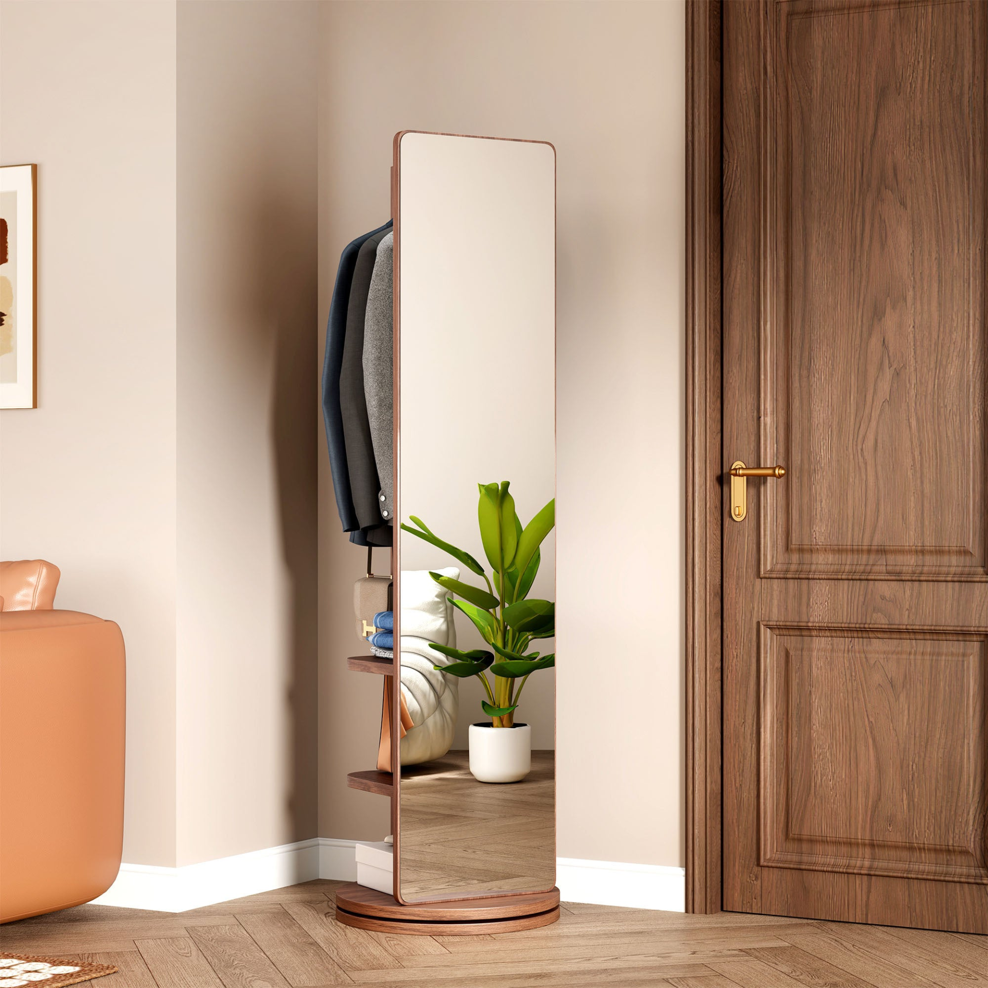 Start2Finish rotating full-length mirror with coat rack, rubber wood frame, natural finish, 360° rotation for bedroom or entryway.