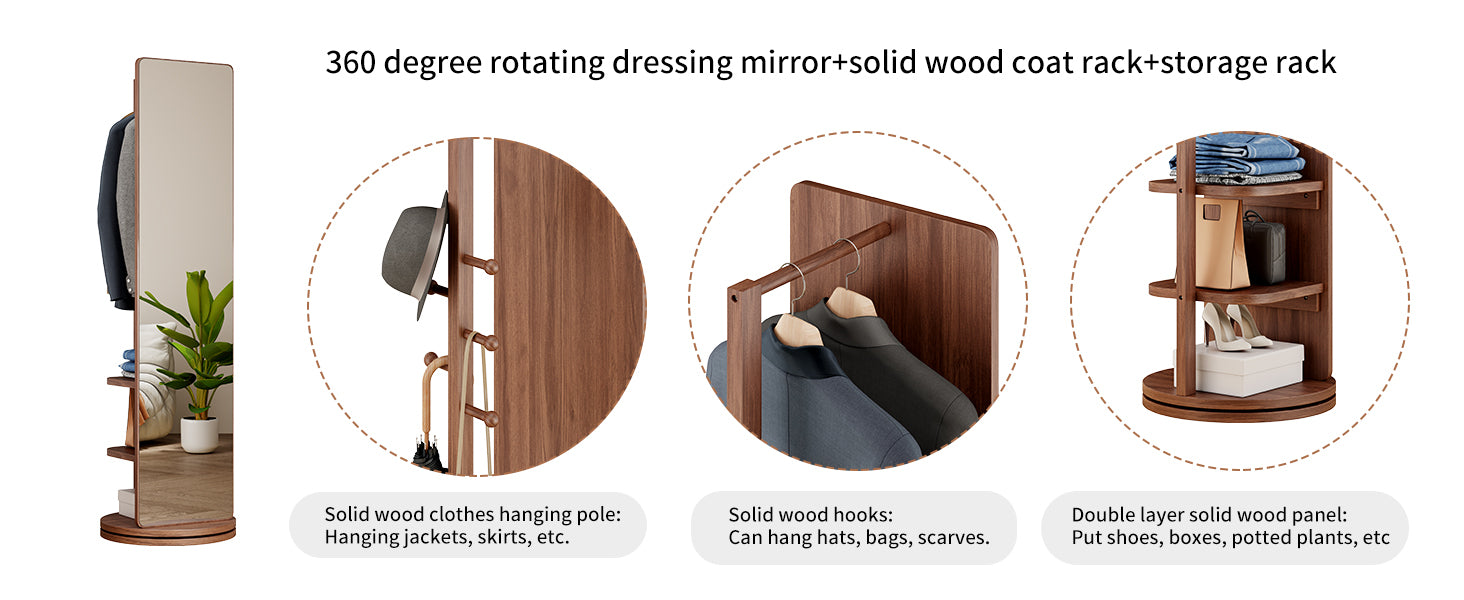 Start2Finish rotating full-length mirror with coat rack and storage, made of rubber wood, 360° rotation for bedroom or entryway.