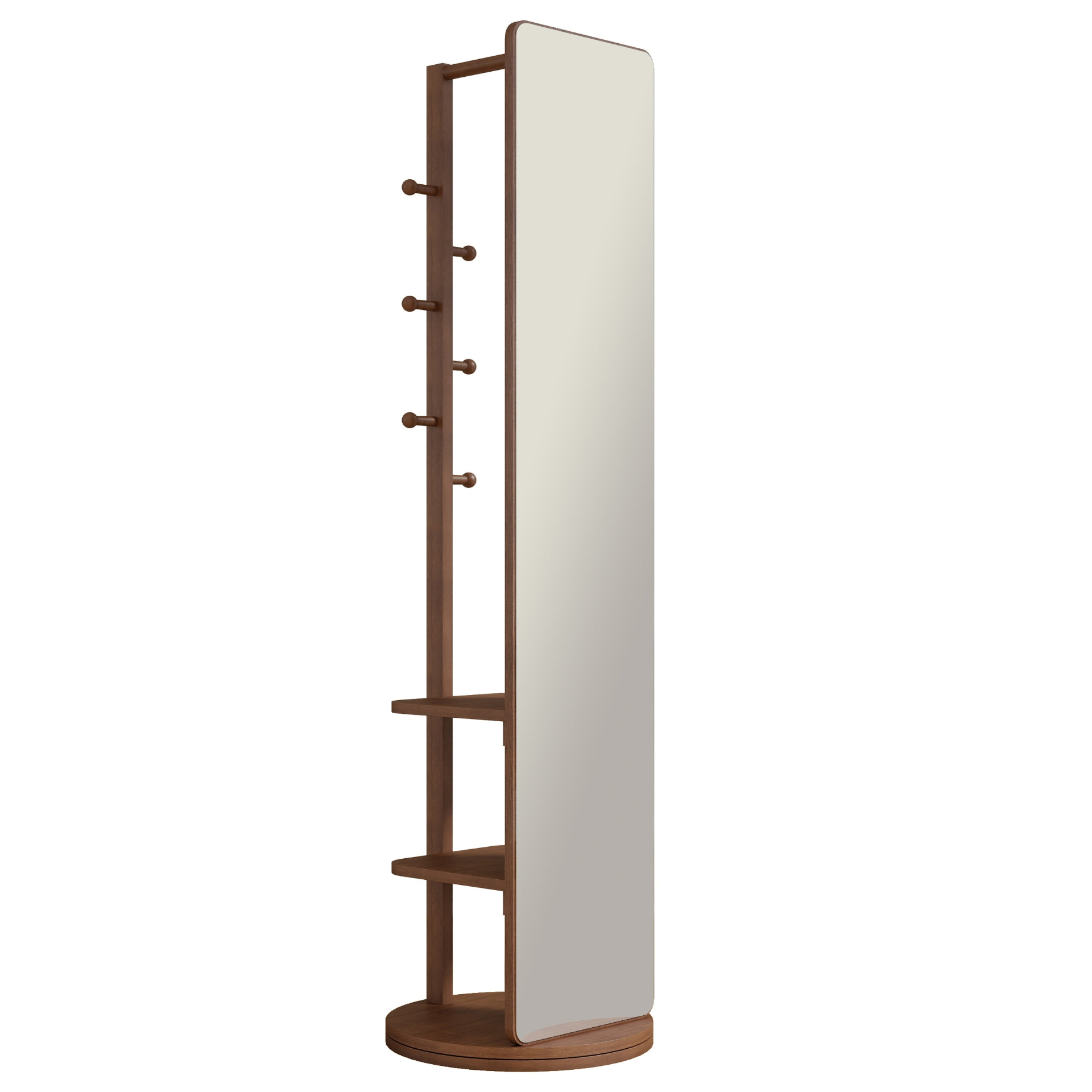 Full-length mirror with coat rack, rubber wood frame, natural finish, and 360° rotation for bedroom or entryway storage.