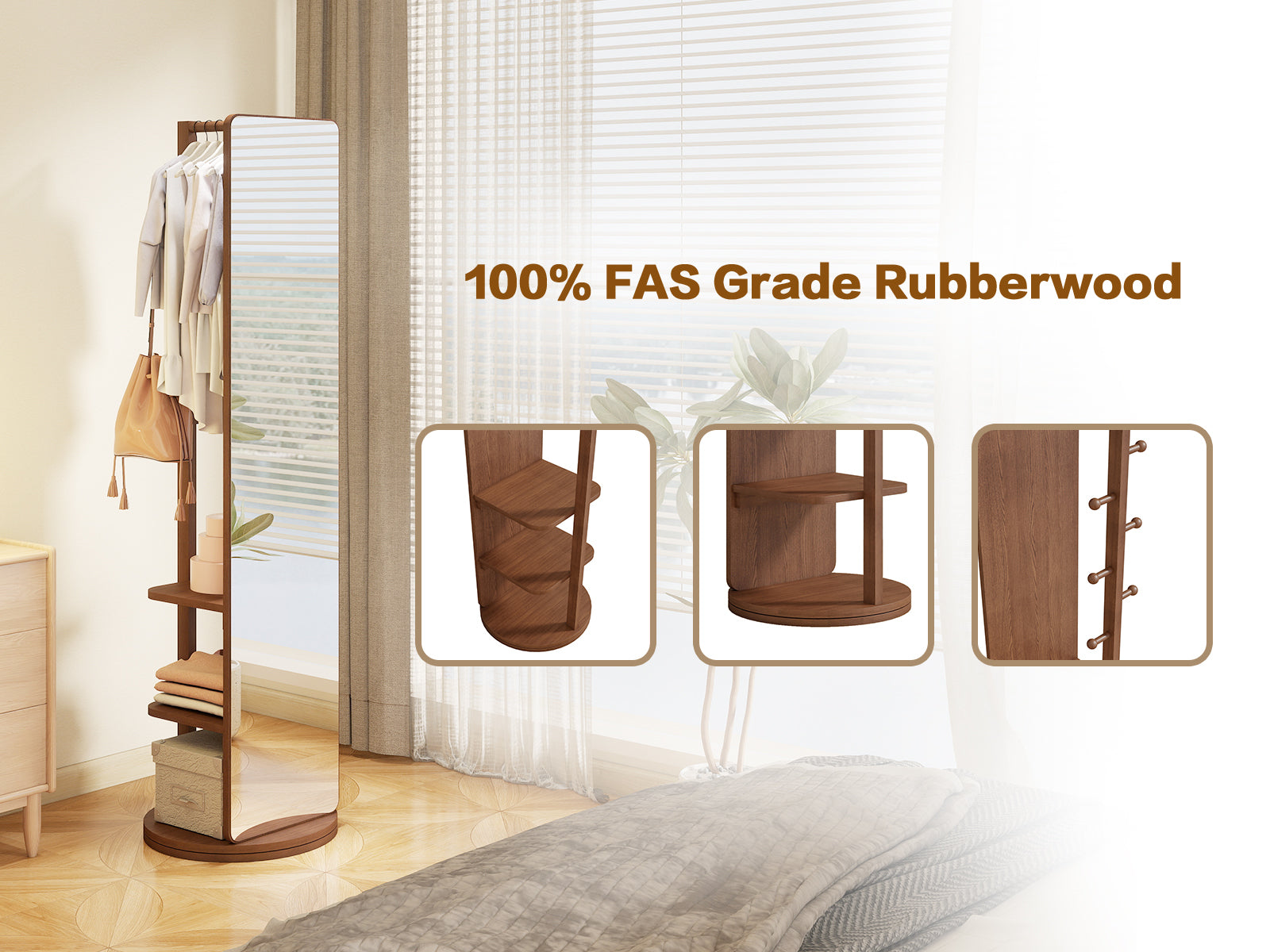 Start2Finish rotating full-length rubber wood mirror with coat rack, 360° rotation, natural wood finish for bedroom or entryway.