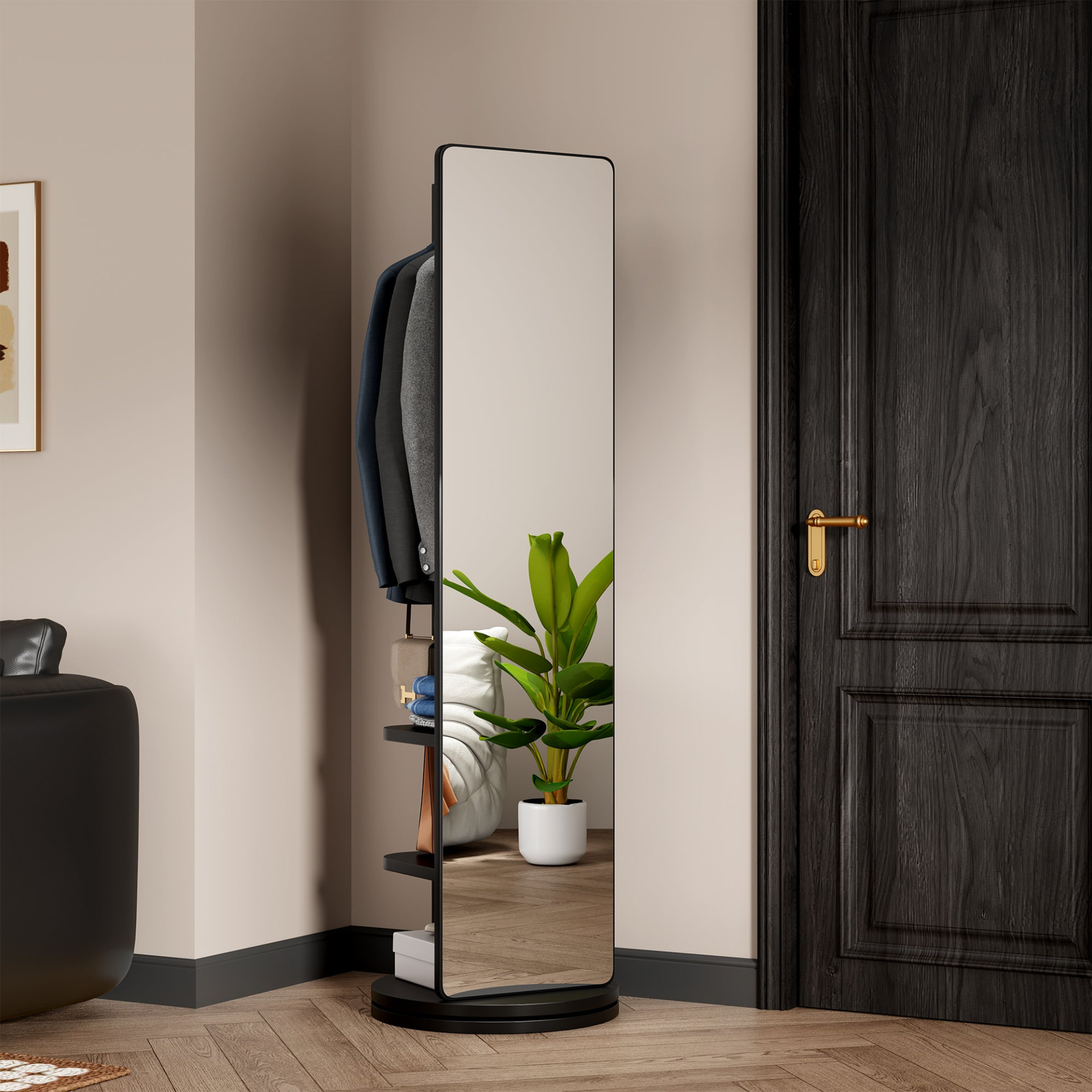 Start2Finish rotating full-length mirror with coat rack, rubber wood frame, natural finish, and 360° rotation for bedroom or entryway.