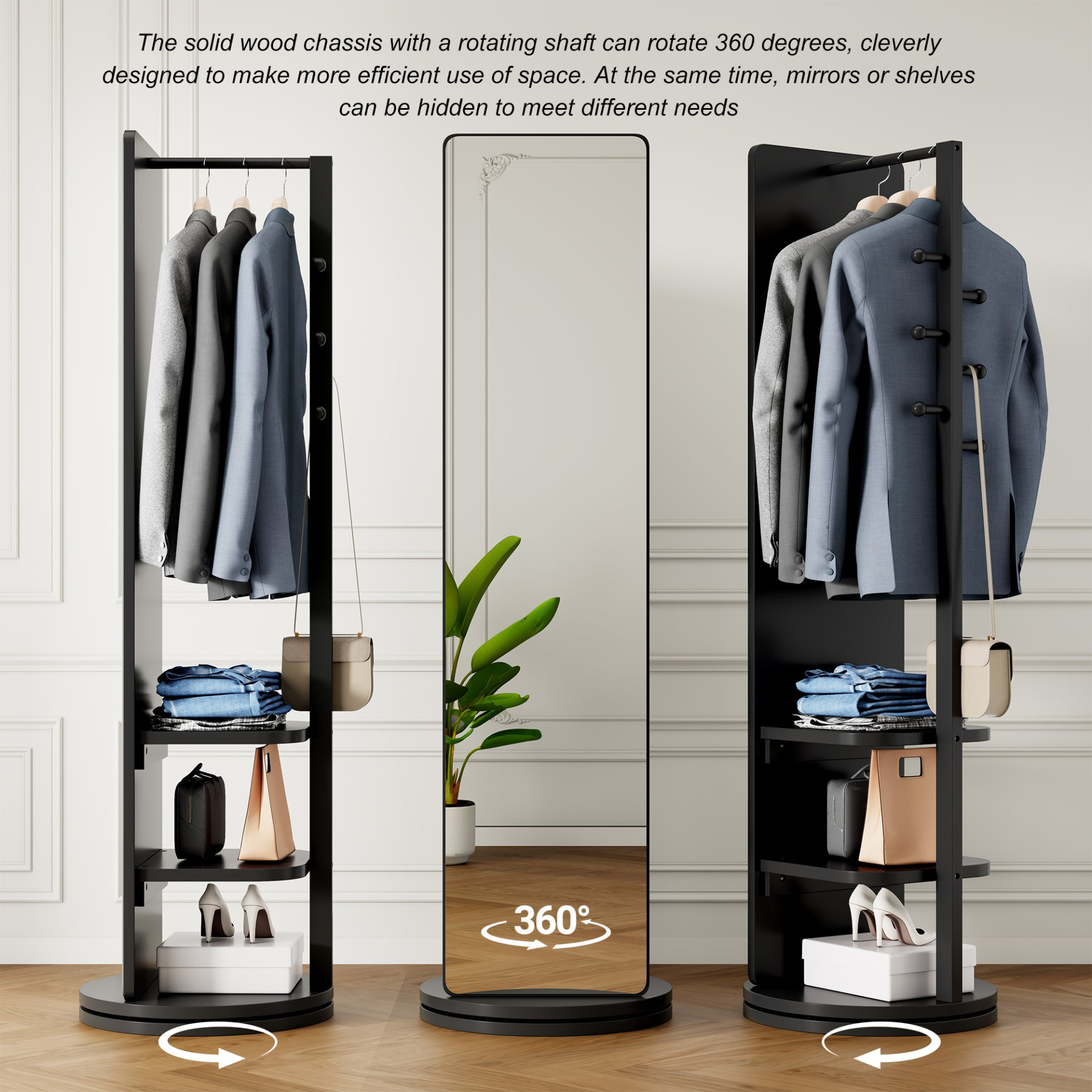 Full-length rotating mirror with coat rack, natural rubber wood frame, and storage, designed for bedrooms and entryways.