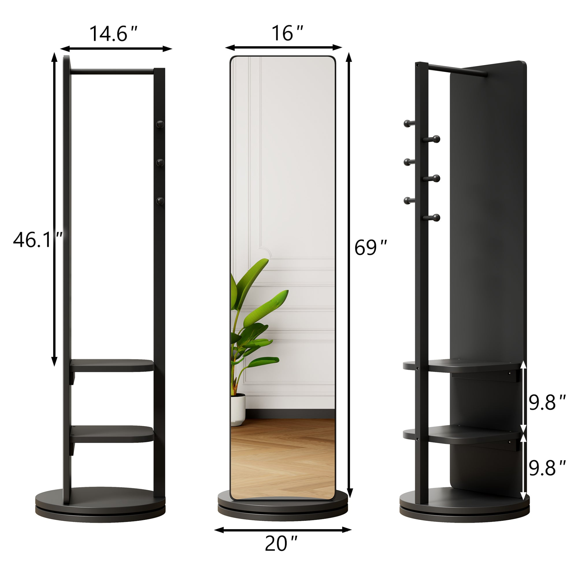 Start2Finish full-length rotating mirror with coat rack, rubber wood frame, and storage, ideal for bedroom, entryway, or dressing areas.