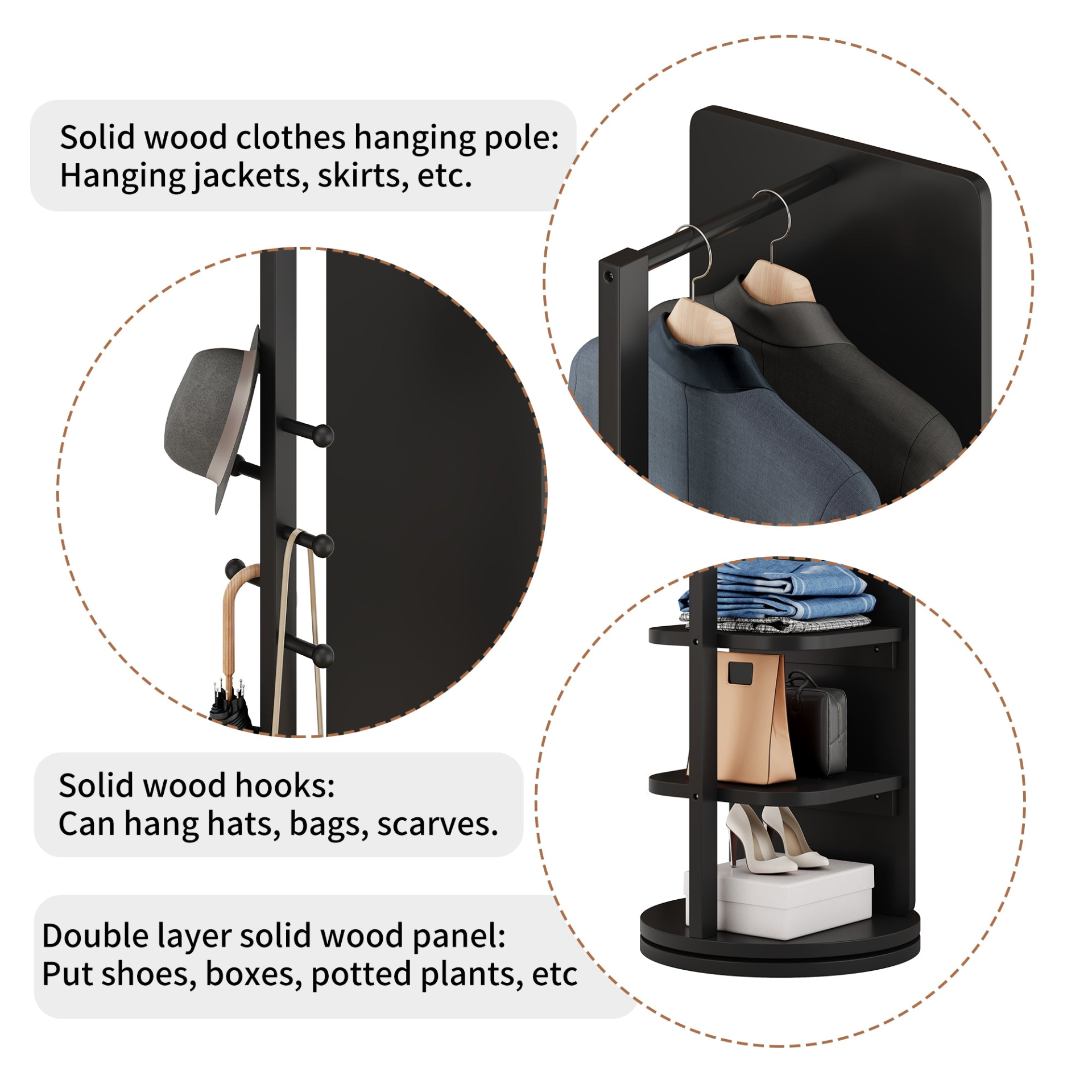 Full-length mirror with 360° rotation and coat rack, made of natural rubber wood, ideal for bedrooms and entryways.