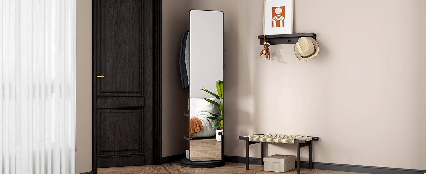 Full-length natural rubber wood mirror with 360° rotation and coat rack, ideal for bedroom, entryway, or dressing area by Start2Finish.