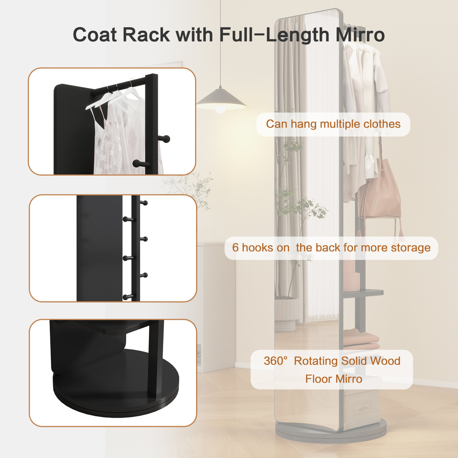 Full-length rubber wood mirror with coat rack and storage, 360° rotating design for bedroom or entryway by Start2Finish