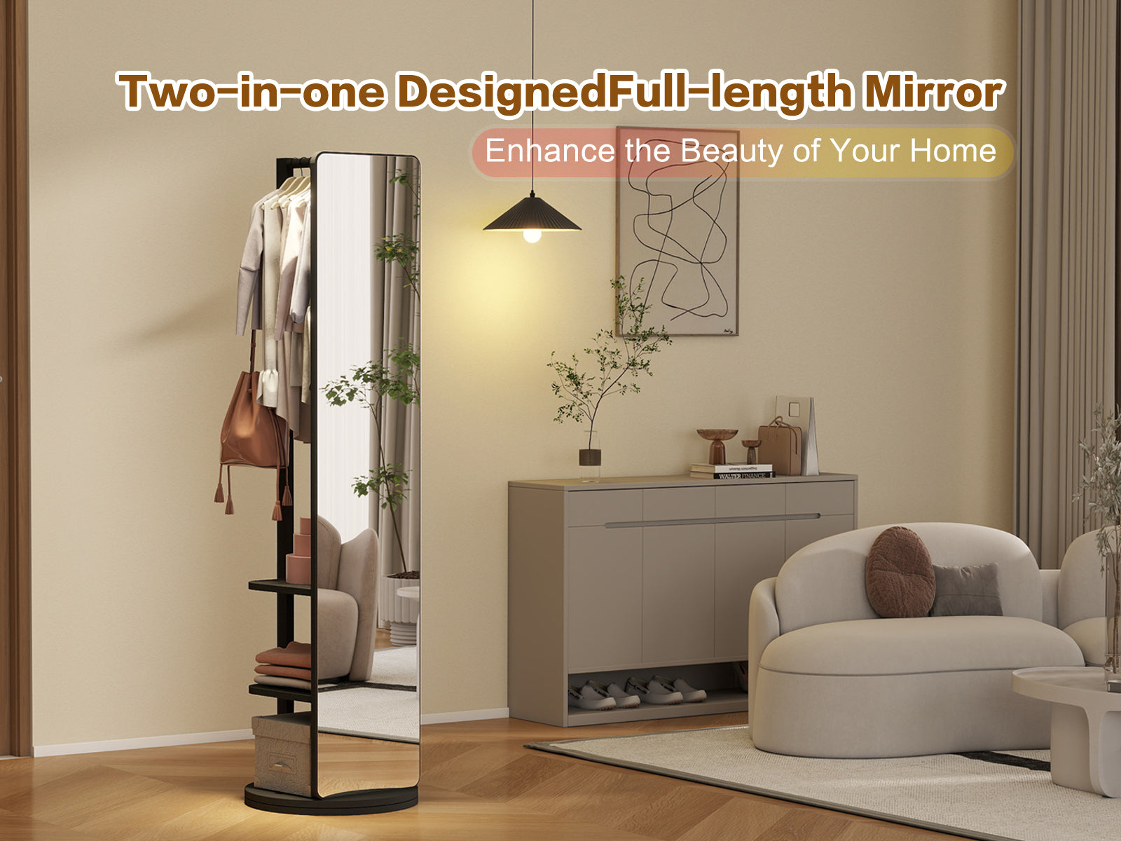 Full-length rotating mirror with coat rack, rubber wood frame, natural finish, and 360° rotation for bedroom or entryway use.