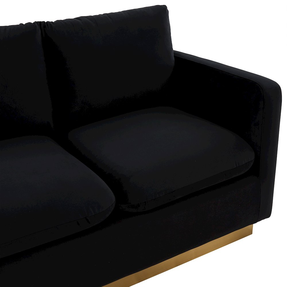 Nervo modern mid-century velvet loveseat with gold metal frame, upholstered in rich fabric, stylish and comfortable seating for living room.