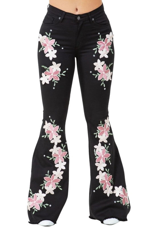 Jade Icarus Angela bell bottom jeans with 34-inch inseam, featuring classic denim fabric, high waist, and flared leg style.