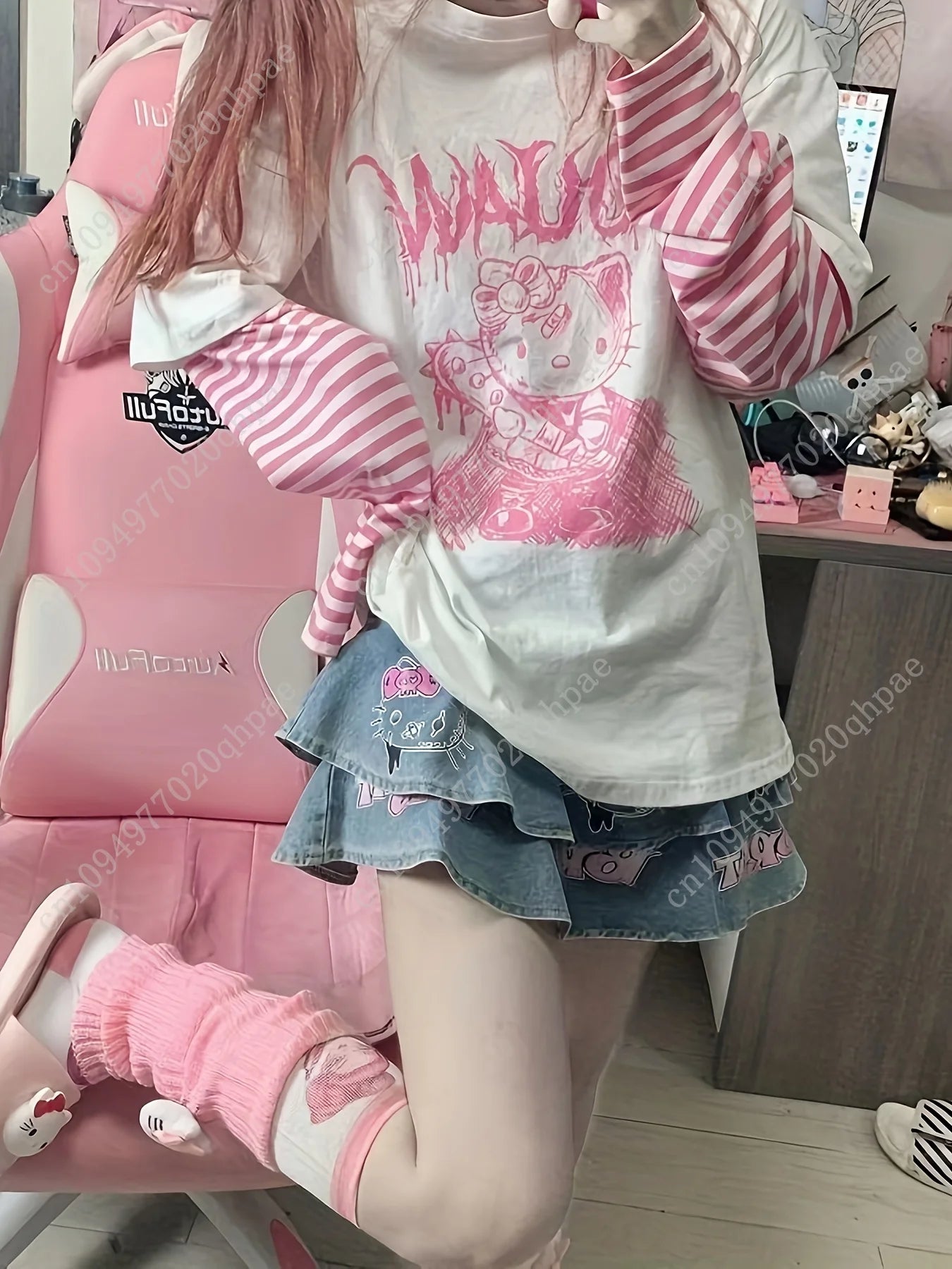 1pc Tops Sanrio Hello Kitty Japanese Sweet Cool T-Shirt Women New Loose False Two Pieces Long Sleeve Kitty Tops Women