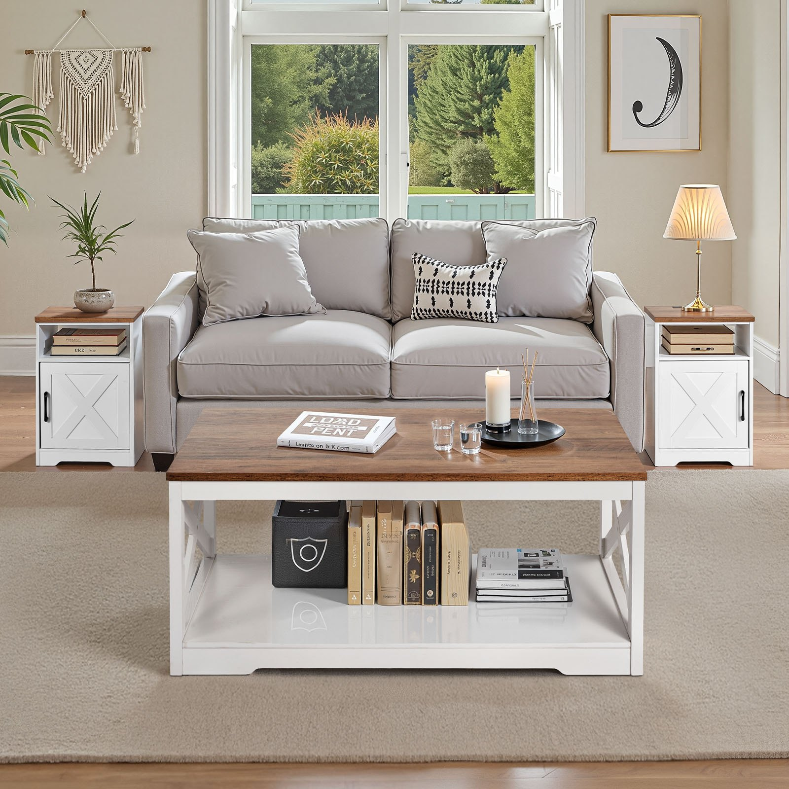 Start2Finish farmhouse coffee table set with two matching end tables, industrial style, includes charging station, suitable for living rooms.