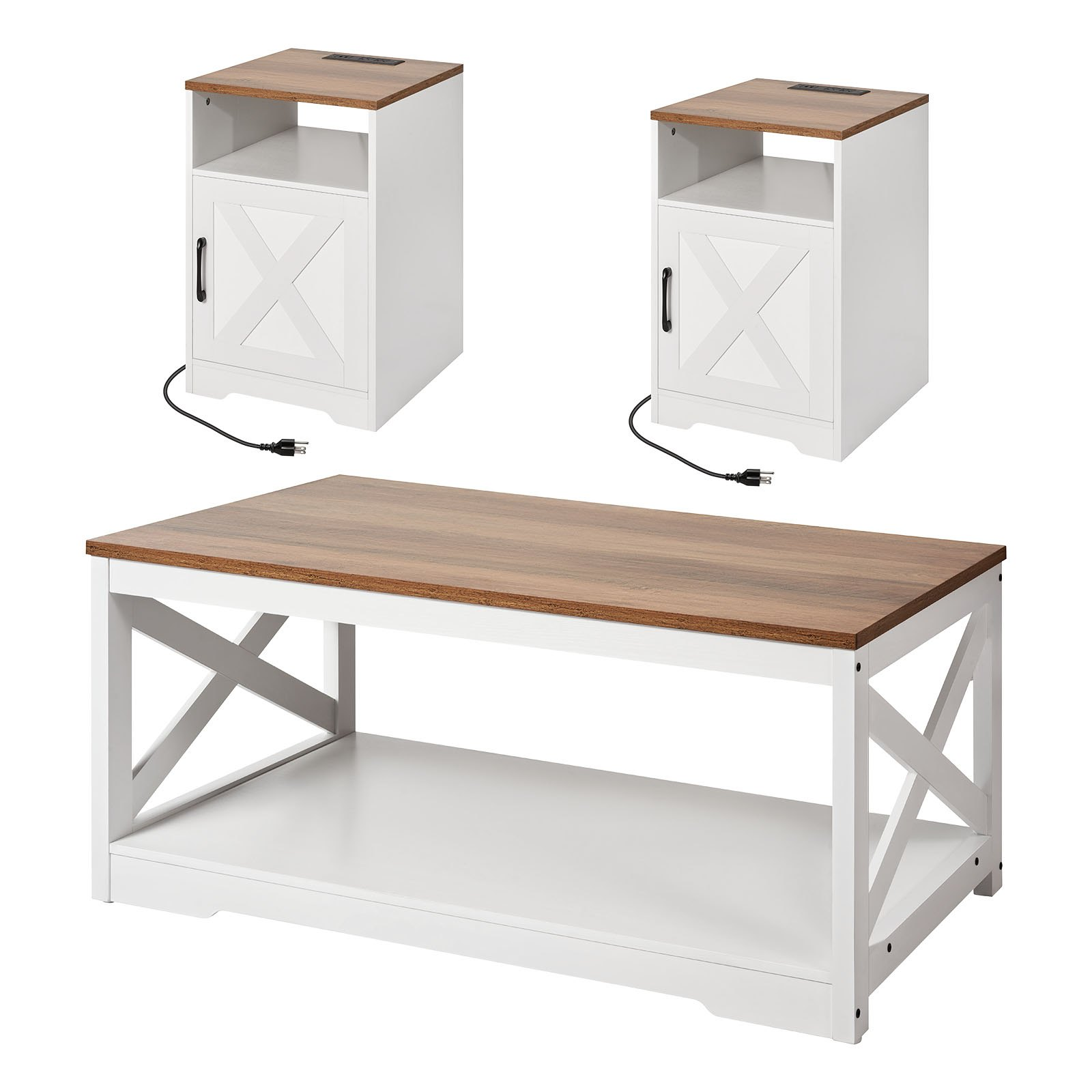 Start2Finish VEVOR farmhouse coffee table set with two end tables, industrial style, includes charging station, suited for living rooms.