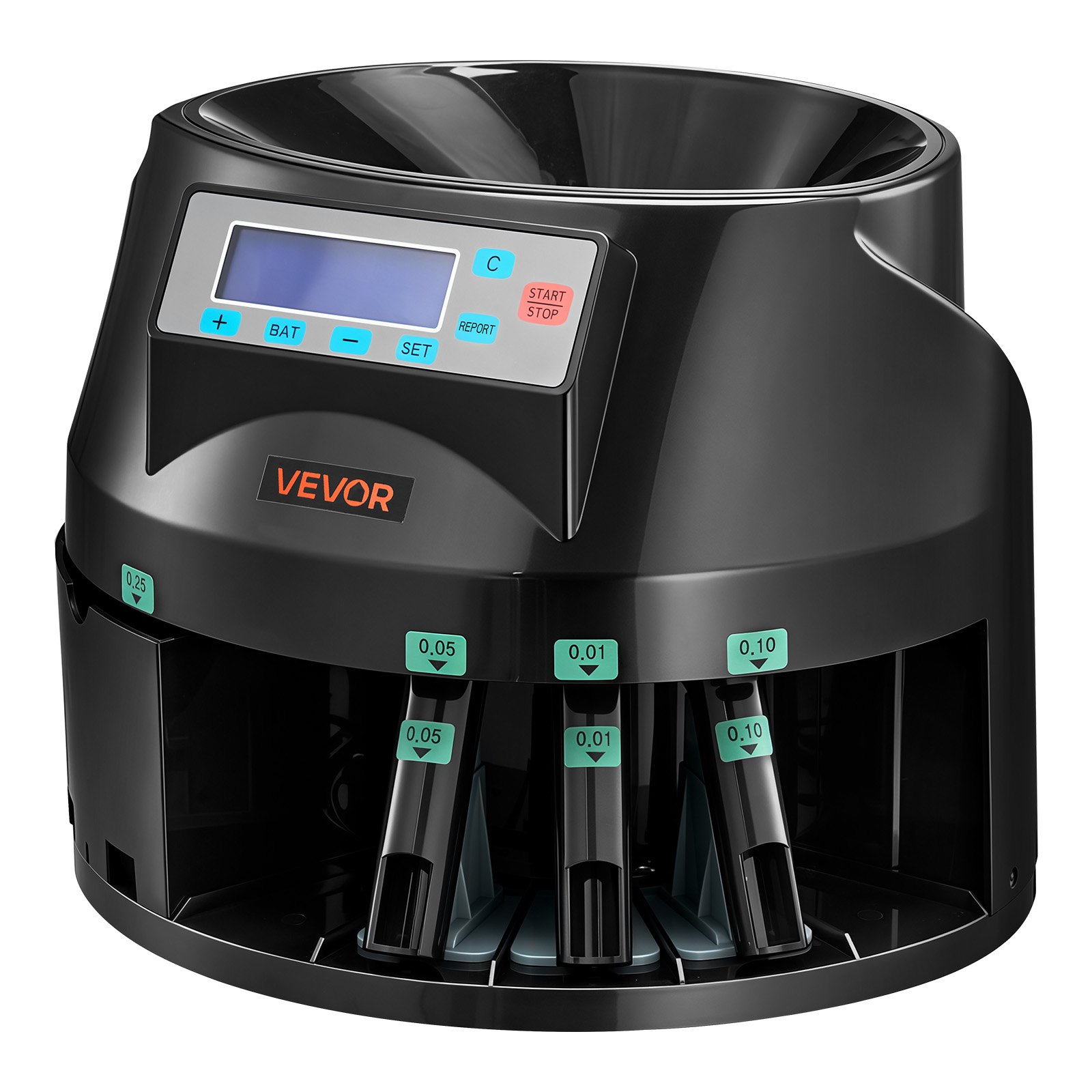 Start2Finish VEVOR coin counter machine with LCD display, sorting up to 225 coins per minute, holds 1500 coins, includes batch feature.