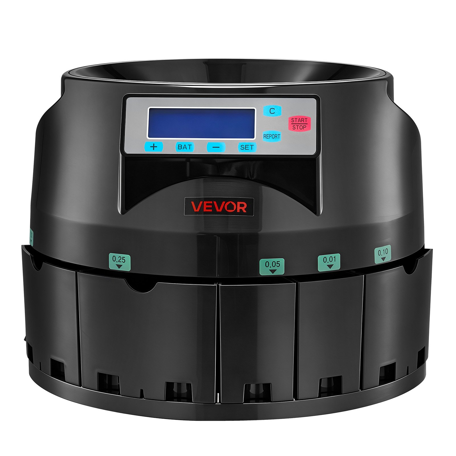 Start2Finish VEVOR coin counter machine with LCD display, sorts up to 225 coins per minute, handles 5 denominations and 1500 coins.