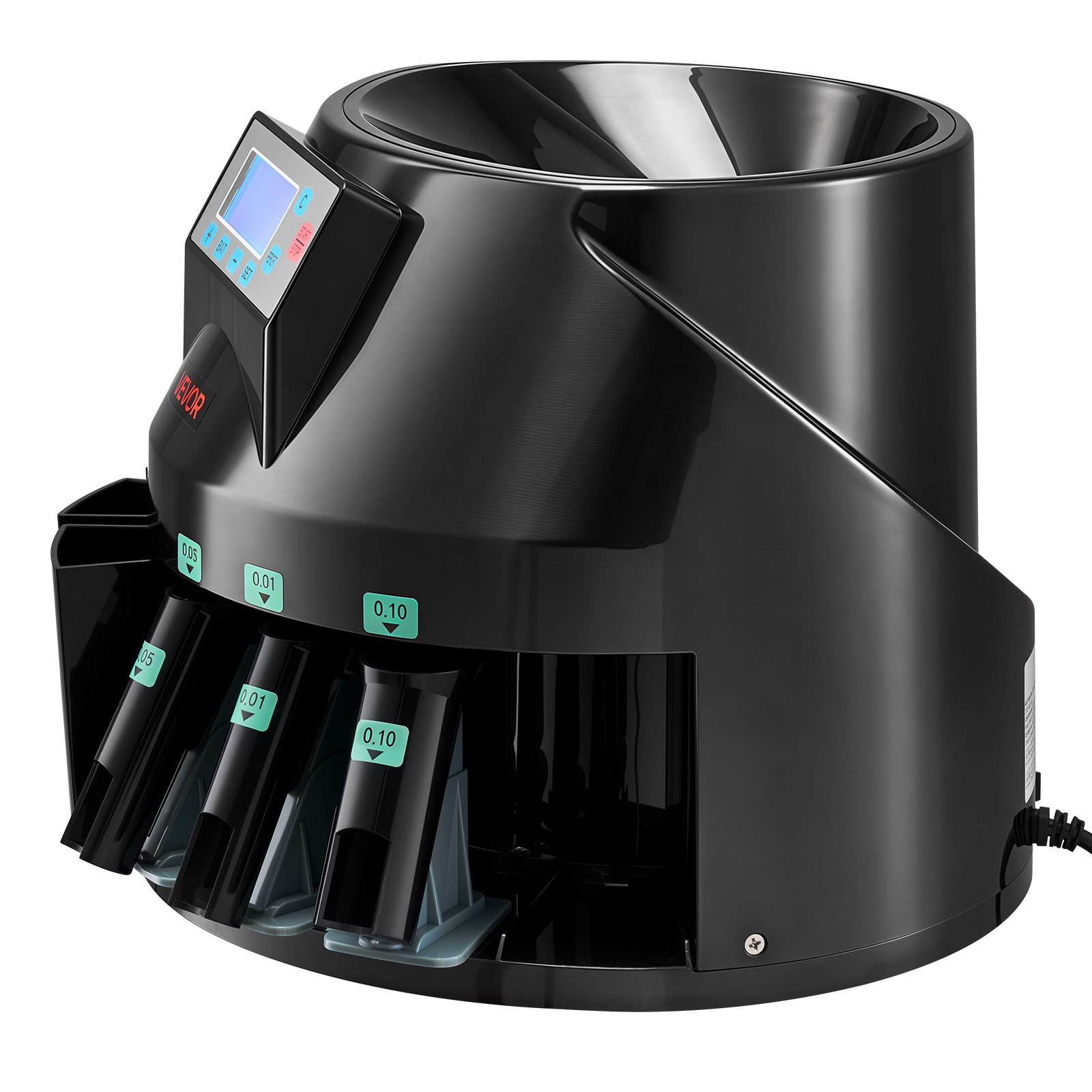 Start2Finish VEVOR coin counter machine with LCD display, sorts 5 denominations, up to 225 coins per minute, holds 1500 coins.