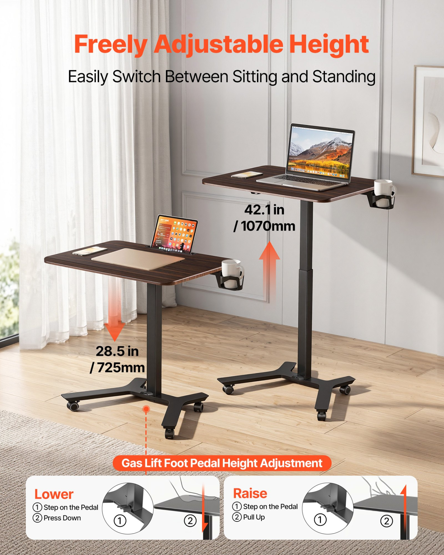 Start2Finish VEVOR adjustable standing desk with casters, pneumatic lift, small computer workstation with hook and foot pedal.