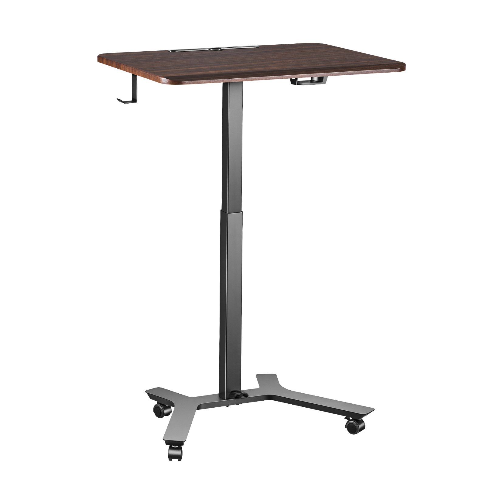 Start2Finish VEVOR adjustable standing desk with casters, small computer workstation, pneumatic lift, hook, and foot pedal for home office.