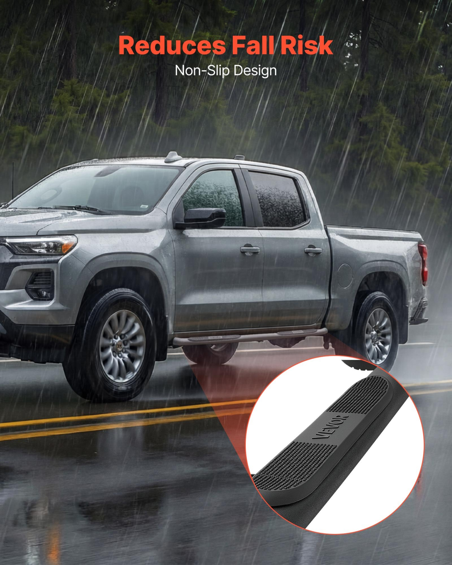 Start2Finish VEVOR black steel running boards for Chevy Colorado and GMC Canyon crew cab, non-slip, rustproof side steps.
