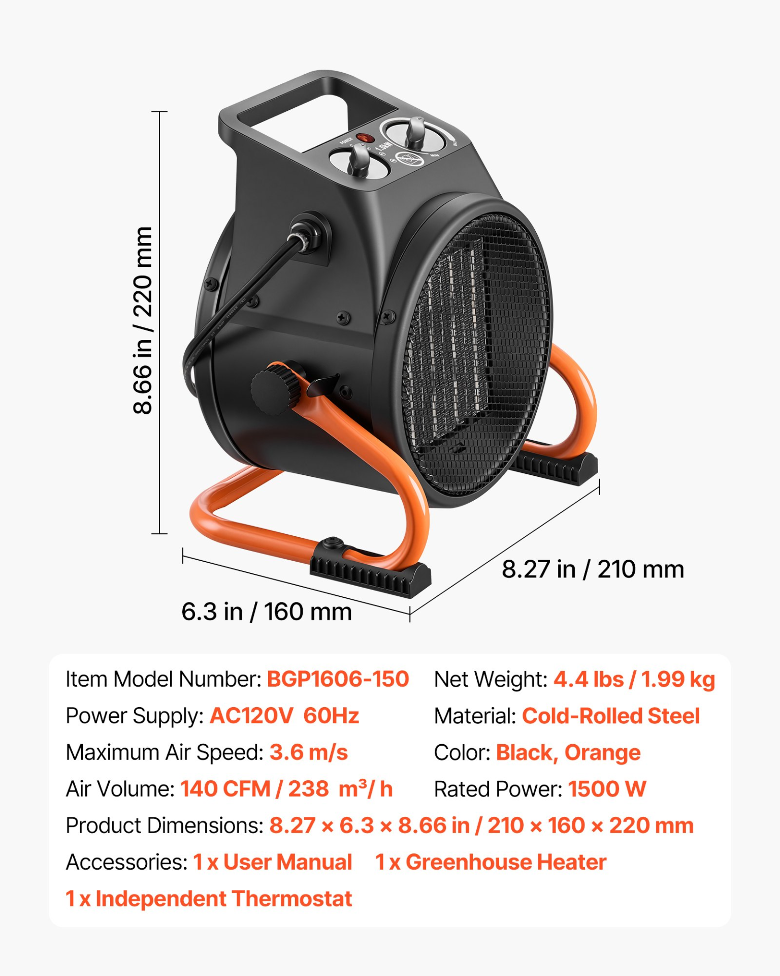 Start2Finish VEVOR 1500W greenhouse heater with thermostat, fan, adjustable angle, and overheat protection for grow tents and flower rooms.