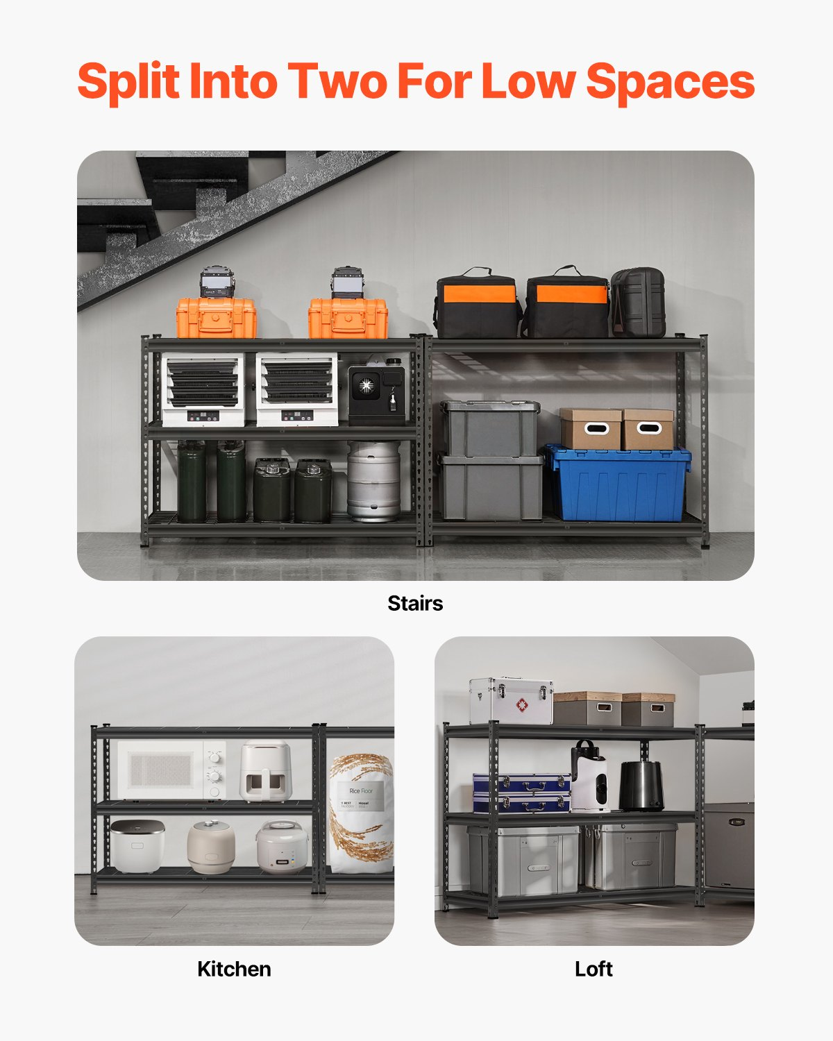 Start2Finish VEVOR 5-tier heavy-duty metal garage shelving unit with adjustable black industrial storage shelves for warehouse or basement.