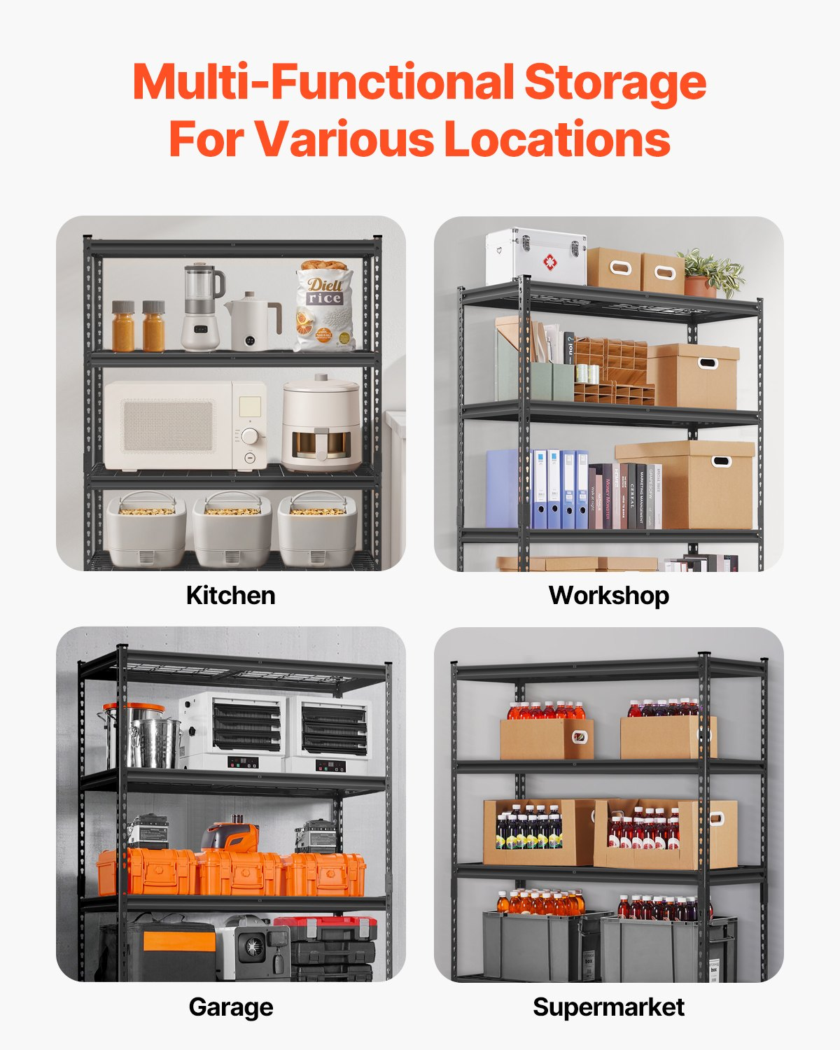 Start2Finish VEVOR heavy duty 5-tier garage shelving unit with adjustable metal shelves, black industrial storage for warehouse or basement.