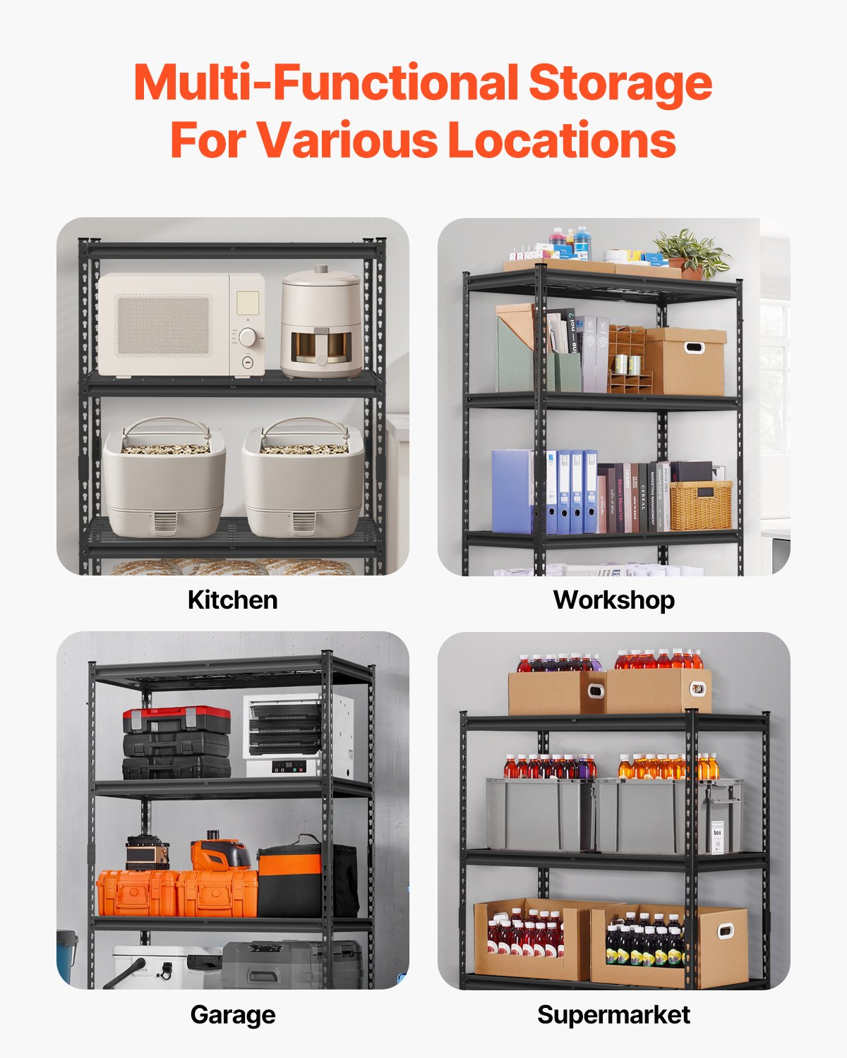 Start2Finish VEVOR 4-tier heavy duty garage shelving unit, black metal industrial storage shelves for warehouse, basement, or kitchen.
