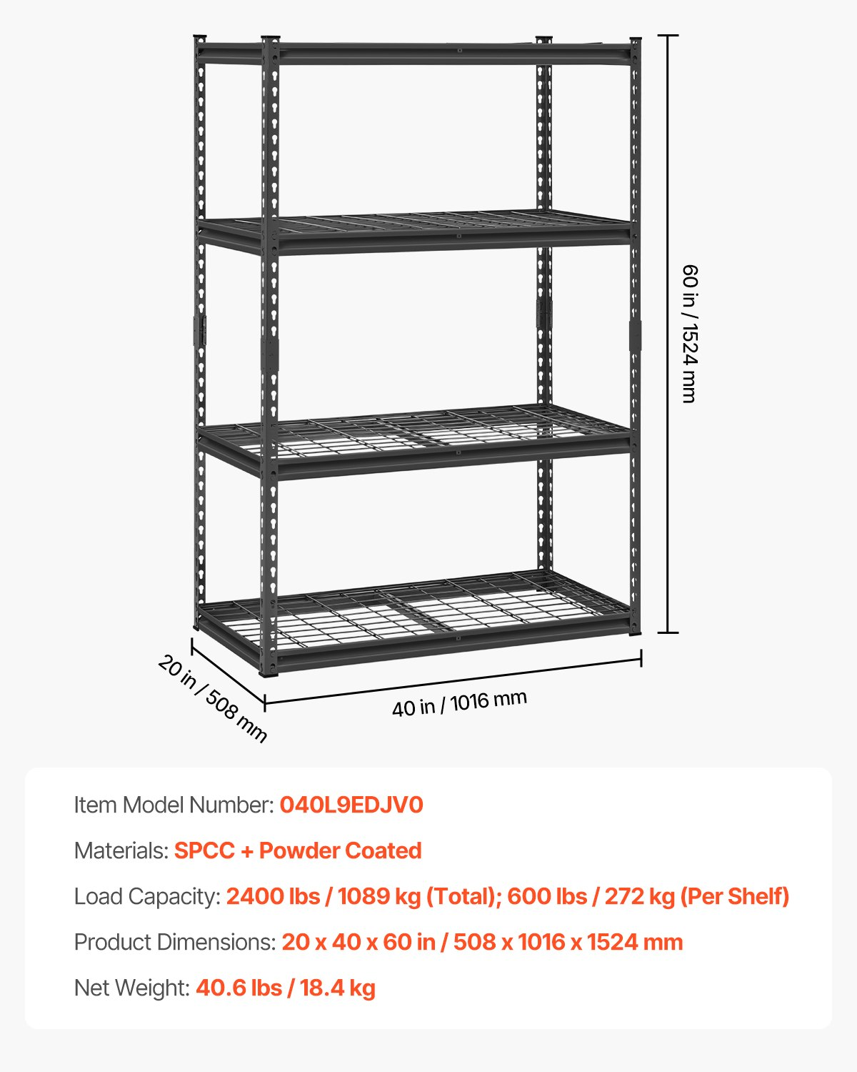 Start2Finish VEVOR 4-tier heavy-duty garage shelving unit with black metal shelves, 20" D x 40" W x 60" H, for industrial storage.