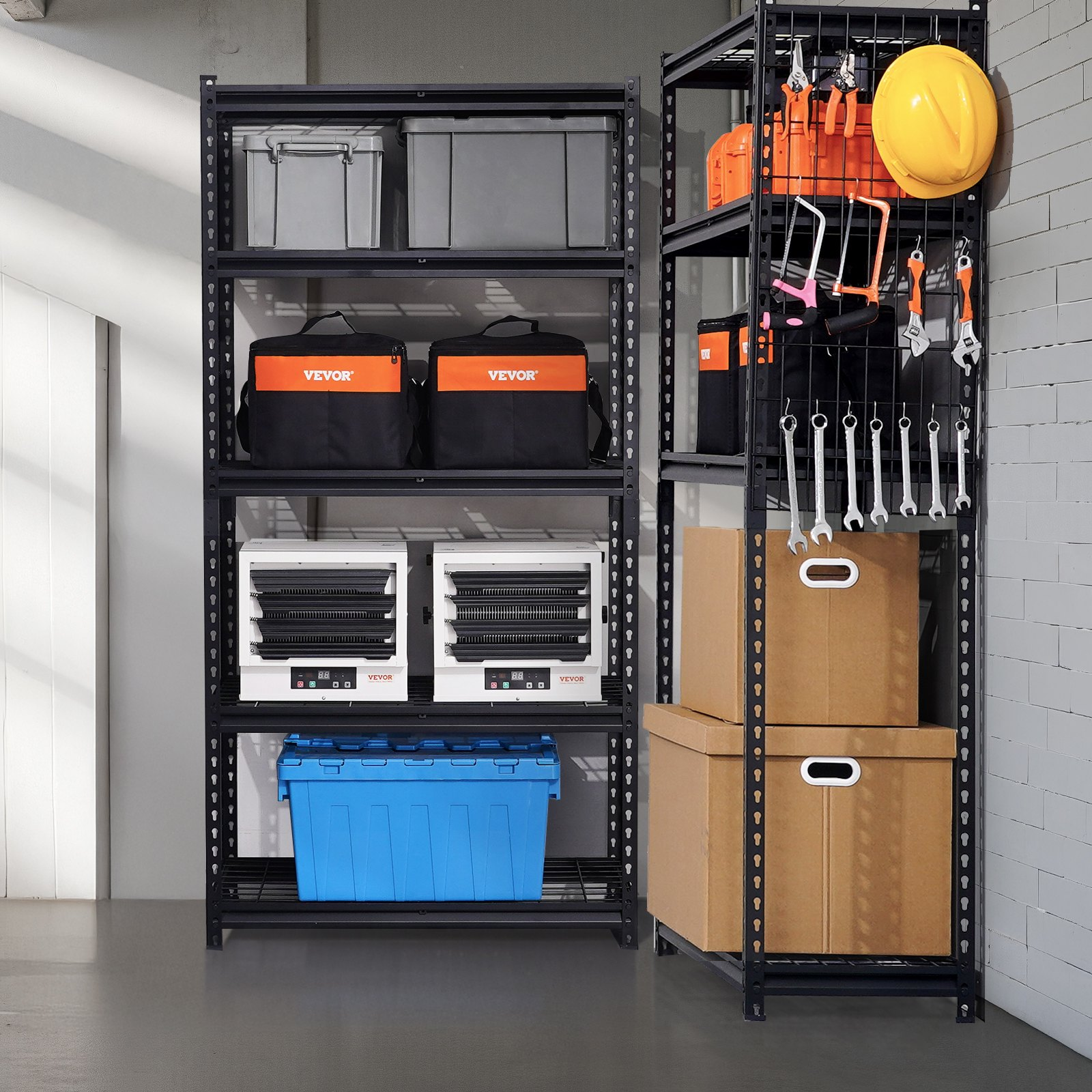 Start2Finish VEVOR 5-tier heavy-duty industrial metal garage shelving unit with black finish, adjustable storage for kitchen, warehouse, or basement.