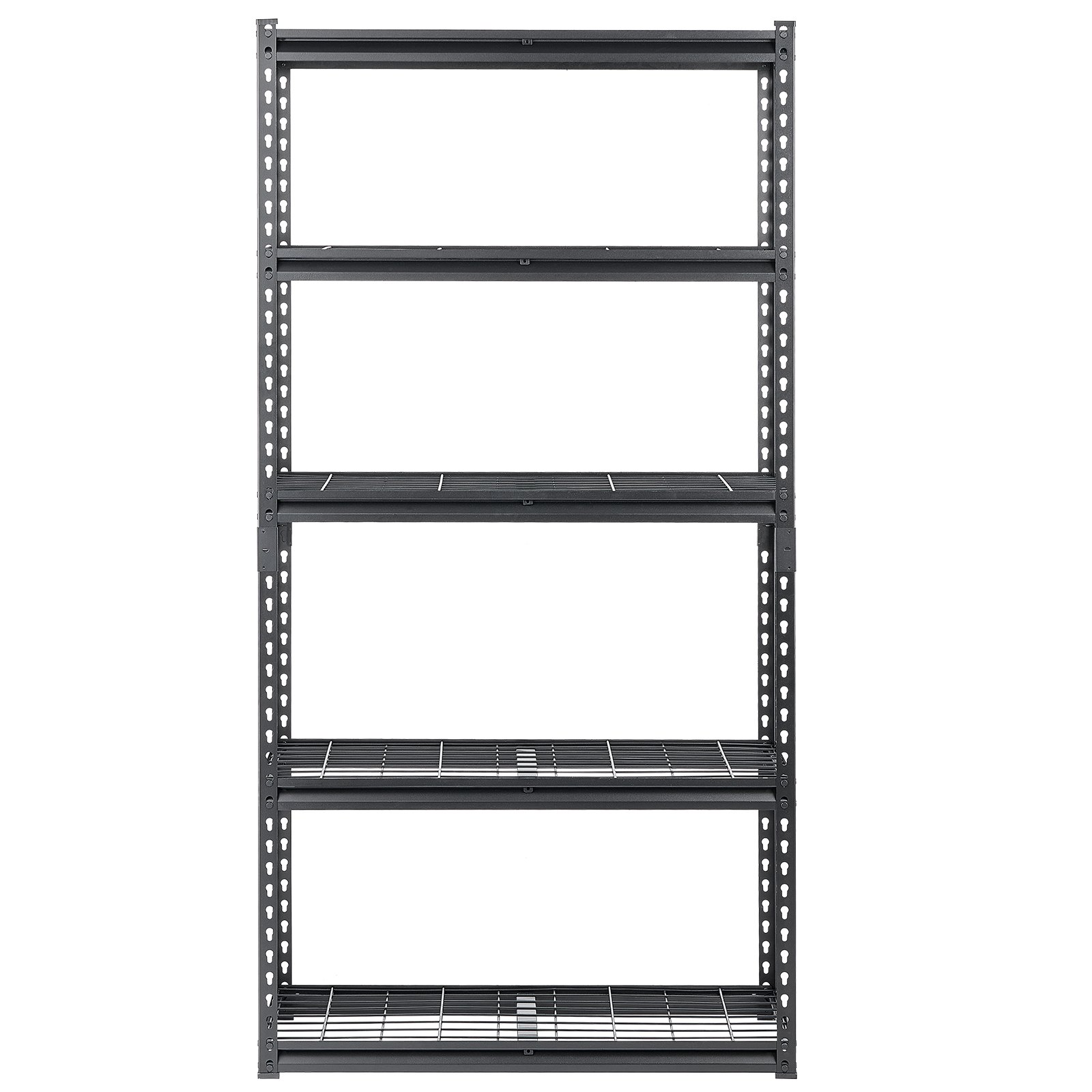 Start2Finish VEVOR 5-tier heavy-duty garage storage shelves with adjustable metal shelves, black industrial shelving unit for warehouse or basement.