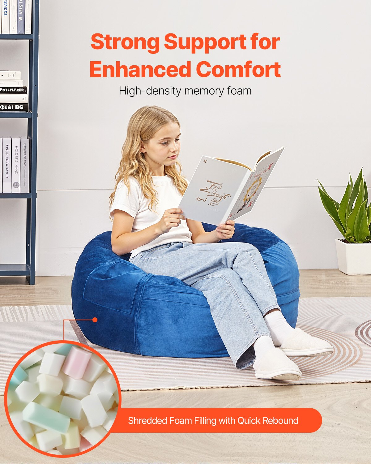 Start2Finish blue 3-foot round bean bag chair with removable washable cover, filled with memory foam and soft Dutch velvet fabric.