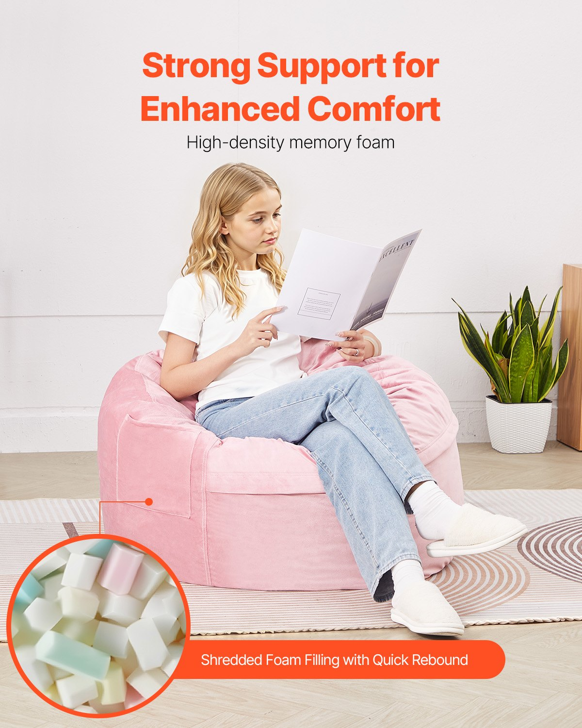Start2Finish pink VEVOR 3-foot round bean bag chair with removable washable cover, memory foam filling, and soft Dutch velvet fabric.
