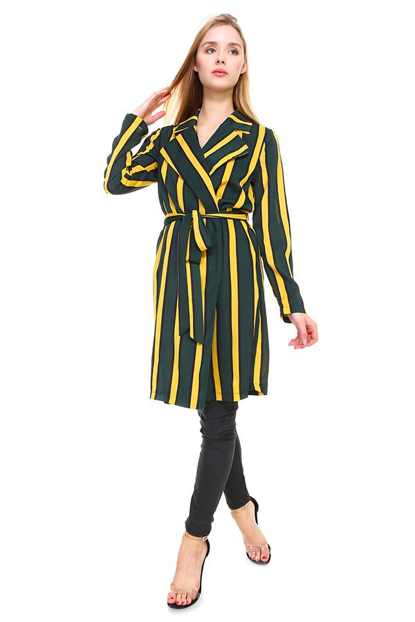 Womenโs multi stripe long blazer by Indigo Arrowwood, tailored fit, featuring vibrant striped pattern and classic lapel collar.
