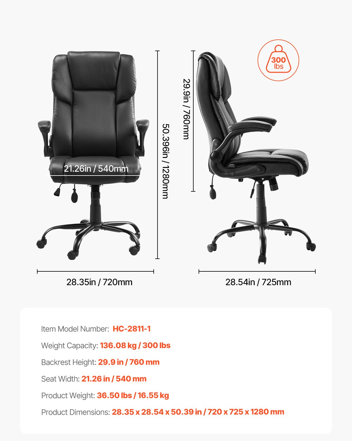 Start2Finish VEVOR executive office chair with lumbar support, flip-up armrests, height adjustability, PU leather, and reclining feature