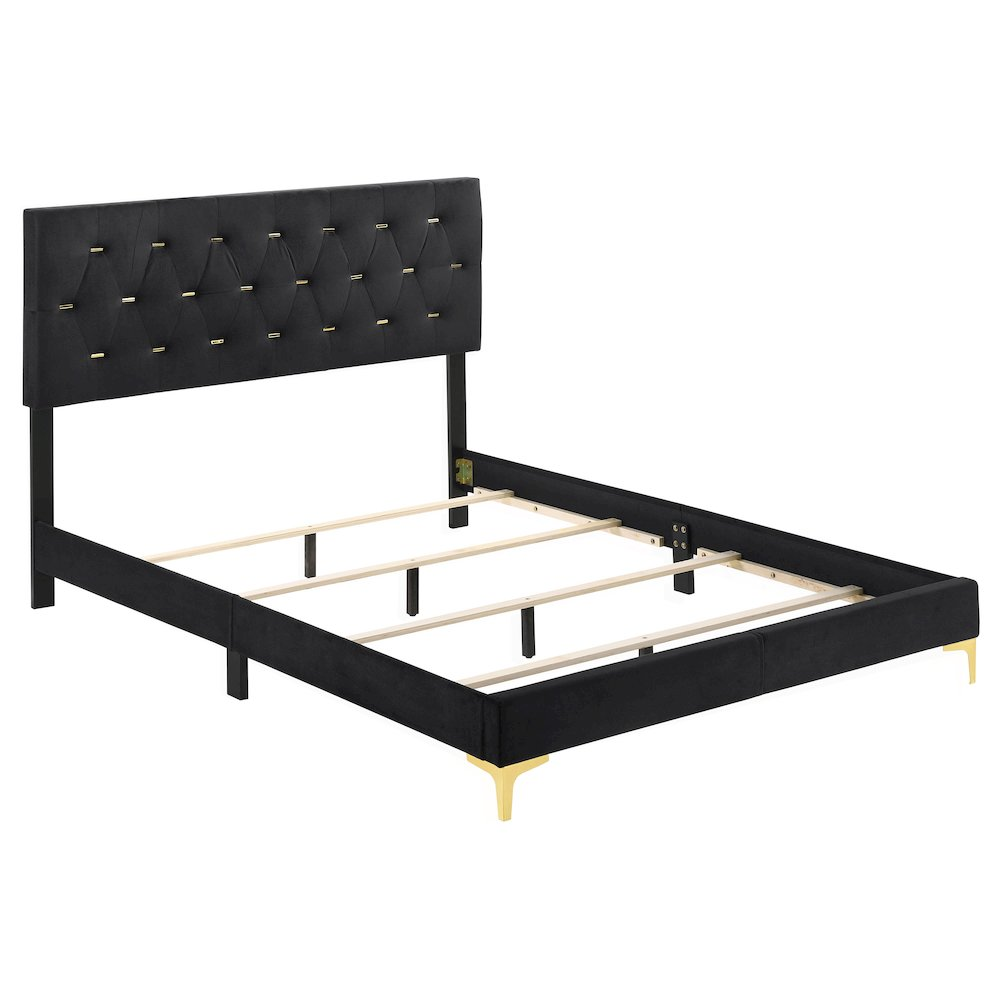 Black Kendall upholstered queen panel bed by Start2Finish with padded headboard and sleek wooden frame.