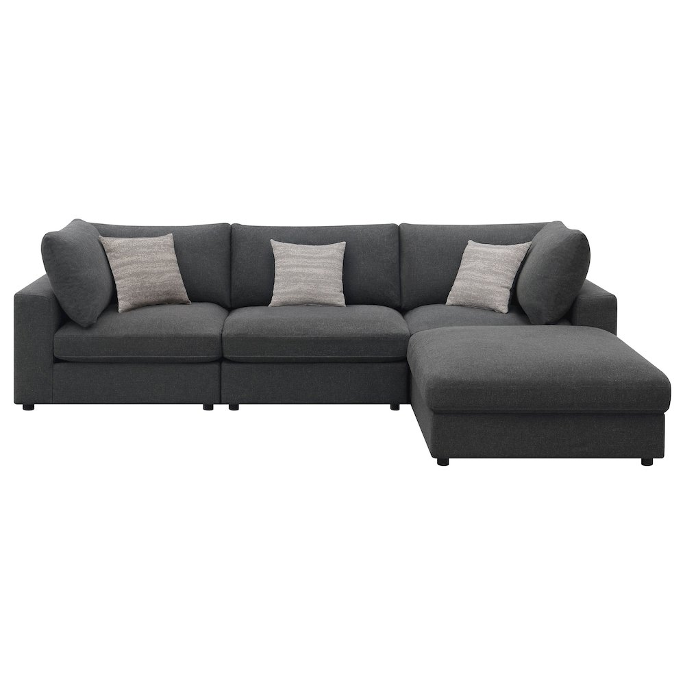 Charcoal Serene 4-piece upholstered modular sectional sofa by Start2Finish, showing plush cushions and modern design in a living room setting.