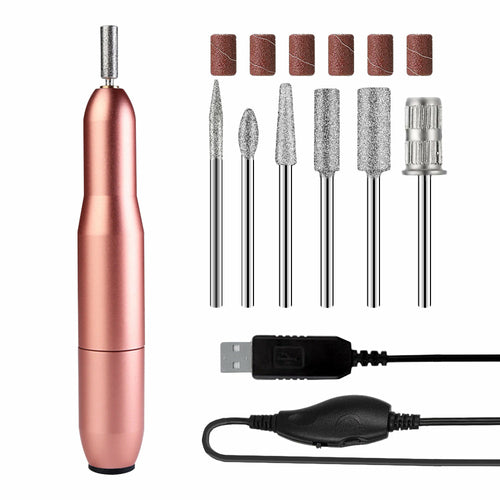 Pink Iolaus USB nail drill set with electric nail polisher and portable nail file kit, showing the compact device and attachments.