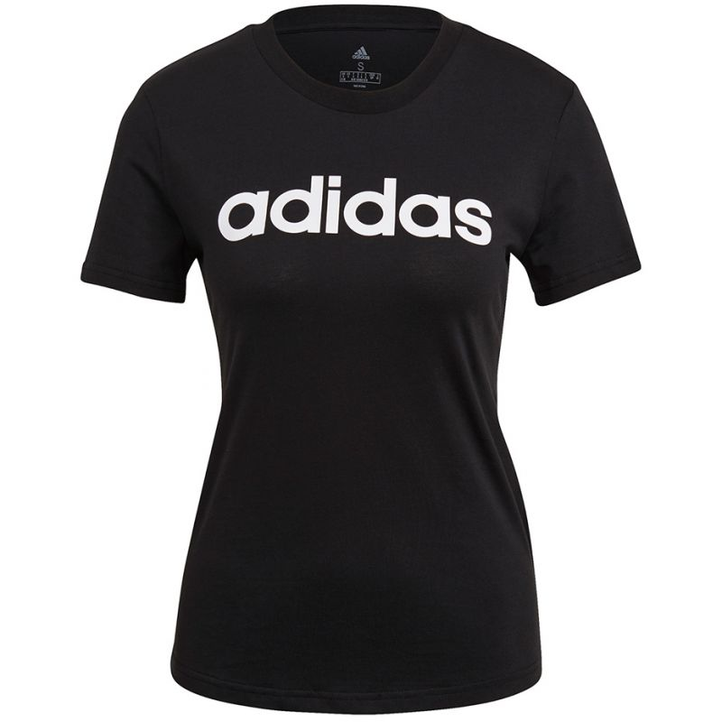 Black adidas Essentials Slim W GL0769 T-shirt displayed on a hanger, featuring a fitted style and crew neckline.