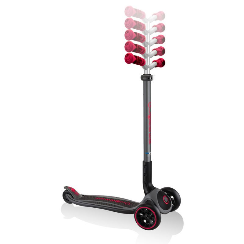 Black Globber Master Prime 3-Wheel Scooter with red accents, designed for kids, featuring sturdy wheels and adjustable handlebars.
