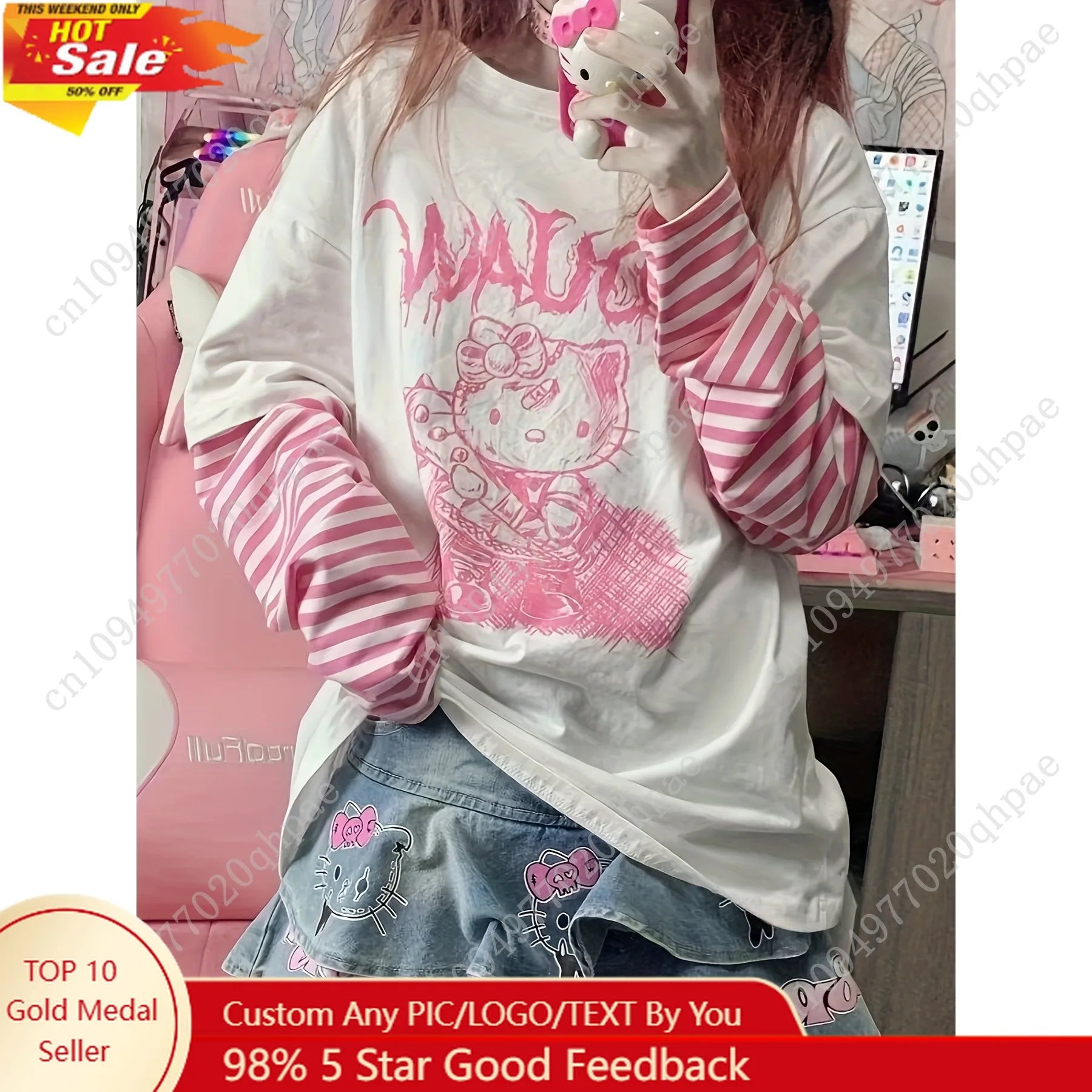1pc Tops Sanrio Hello Kitty Japanese Sweet Cool T-Shirt Women New Loose False Two Pieces Long Sleeve Kitty Tops Women