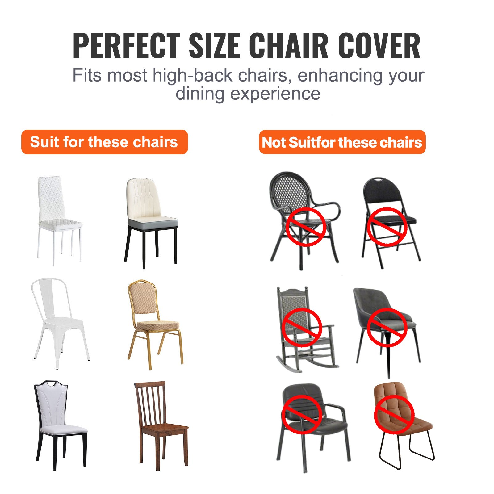 Set of white VEVOR stretch spandex folding chair covers, universal fitted, washable slipcovers for weddings, parties, and events.