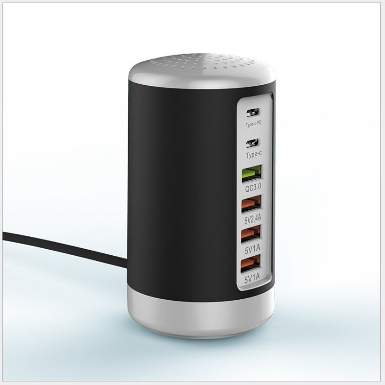 Maroon Asteria 6-port cylindrical adapter with 65W fast charging for mobile devices and laptops, showcasing multiple ports and compact design.