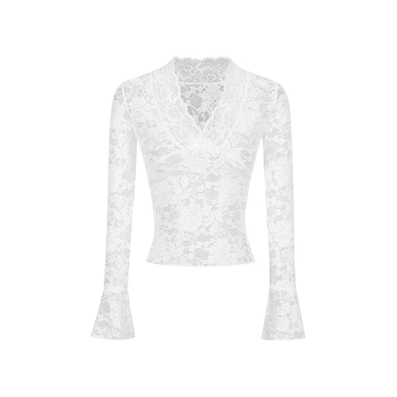 2026 Spring Sexy V-neck Lace Long Sleeved T-shirt Fashionable Women&