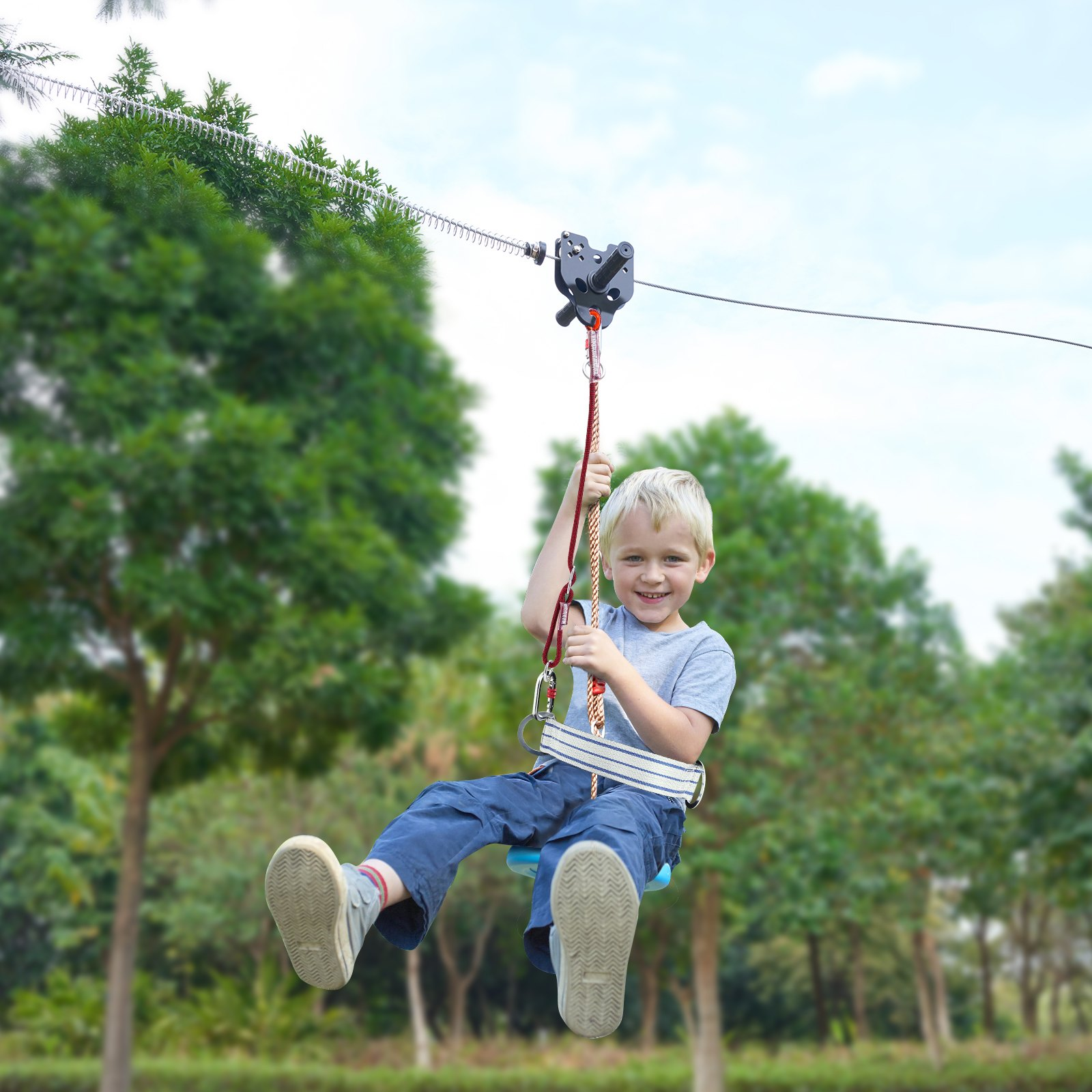 Start2Finish VEVOR Kids and Adult Zipline Kit with stainless steel cable, safety harness, seat, and spring brake for backyard fun.