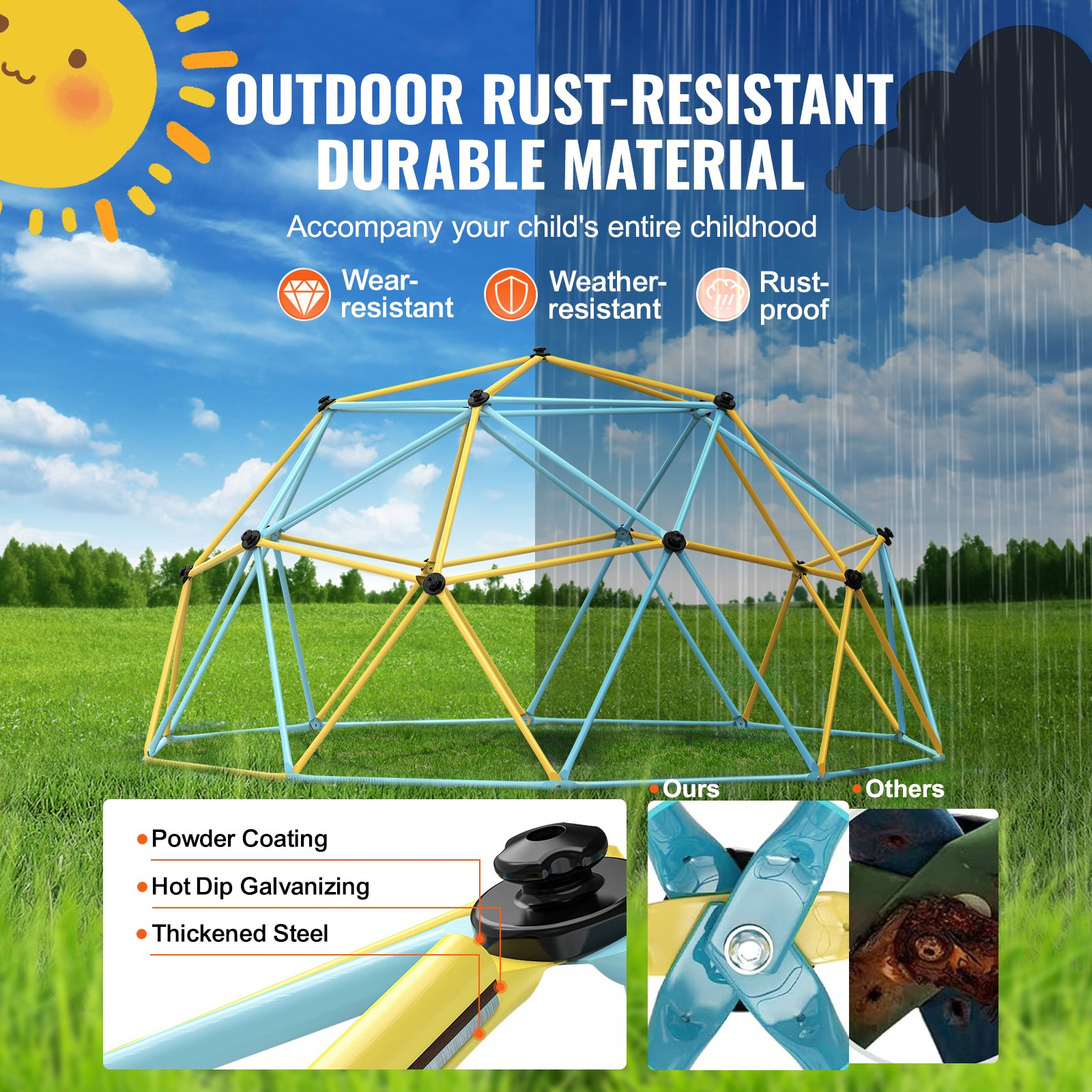 Start2Finish VEVOR 12FT climbing dome for kids, outdoor backyard jungle gym with climbing grips, supports 750 lbs, easy to assemble.