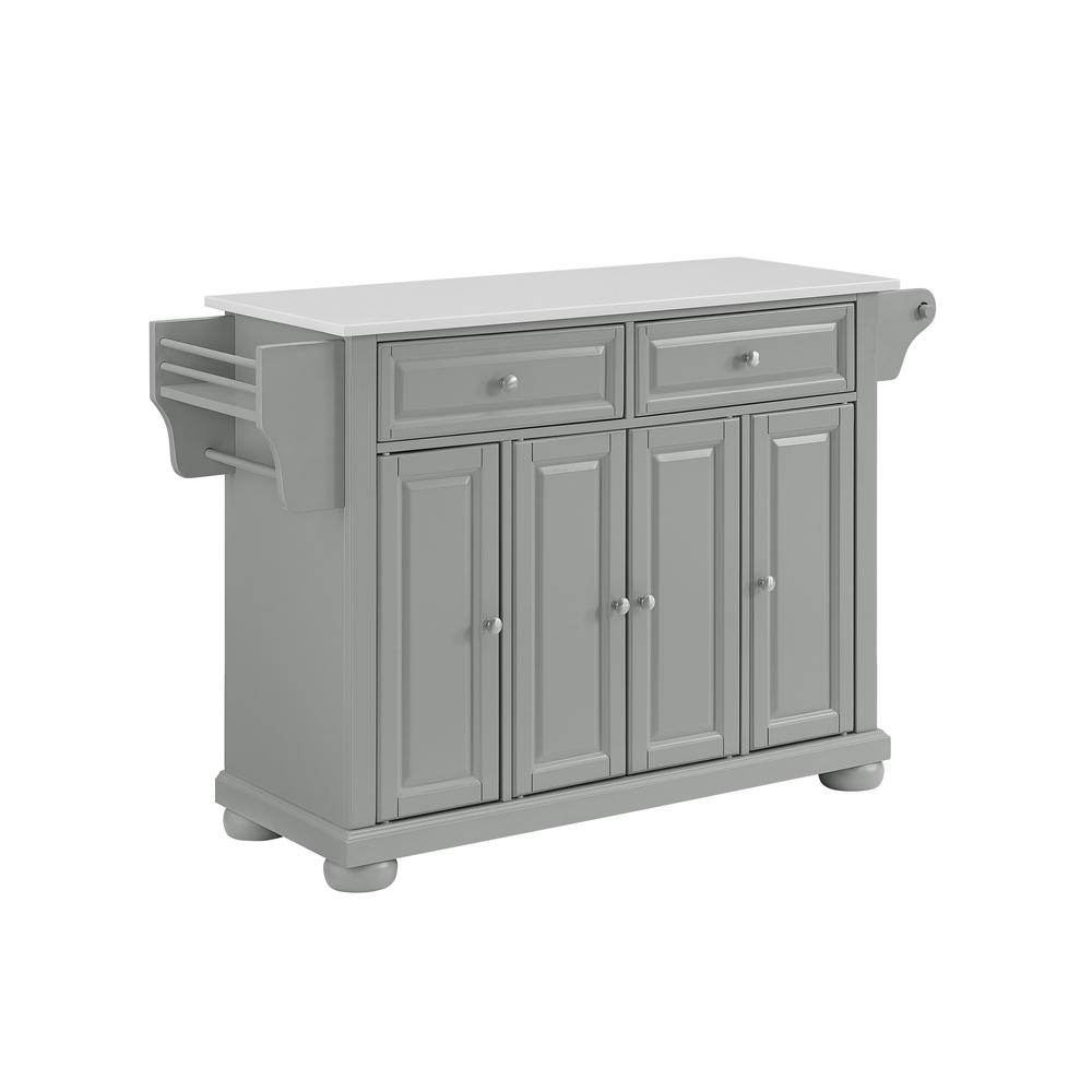 Start2Finish Alexandria stone top full size kitchen island with storage and wheels, ideal for modern kitchen workspace.