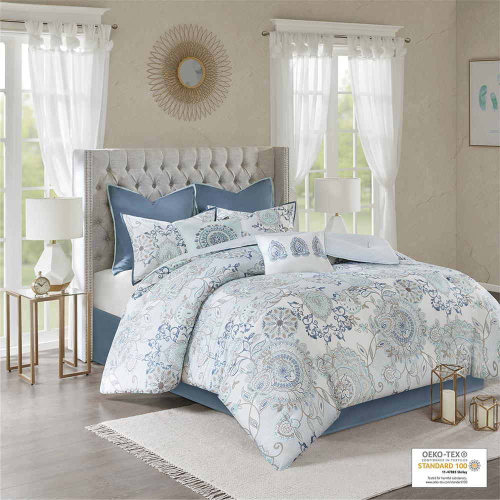 Start2Finish 8-piece cotton floral printed reversible comforter set with matching pillow shams and decorative accents.
