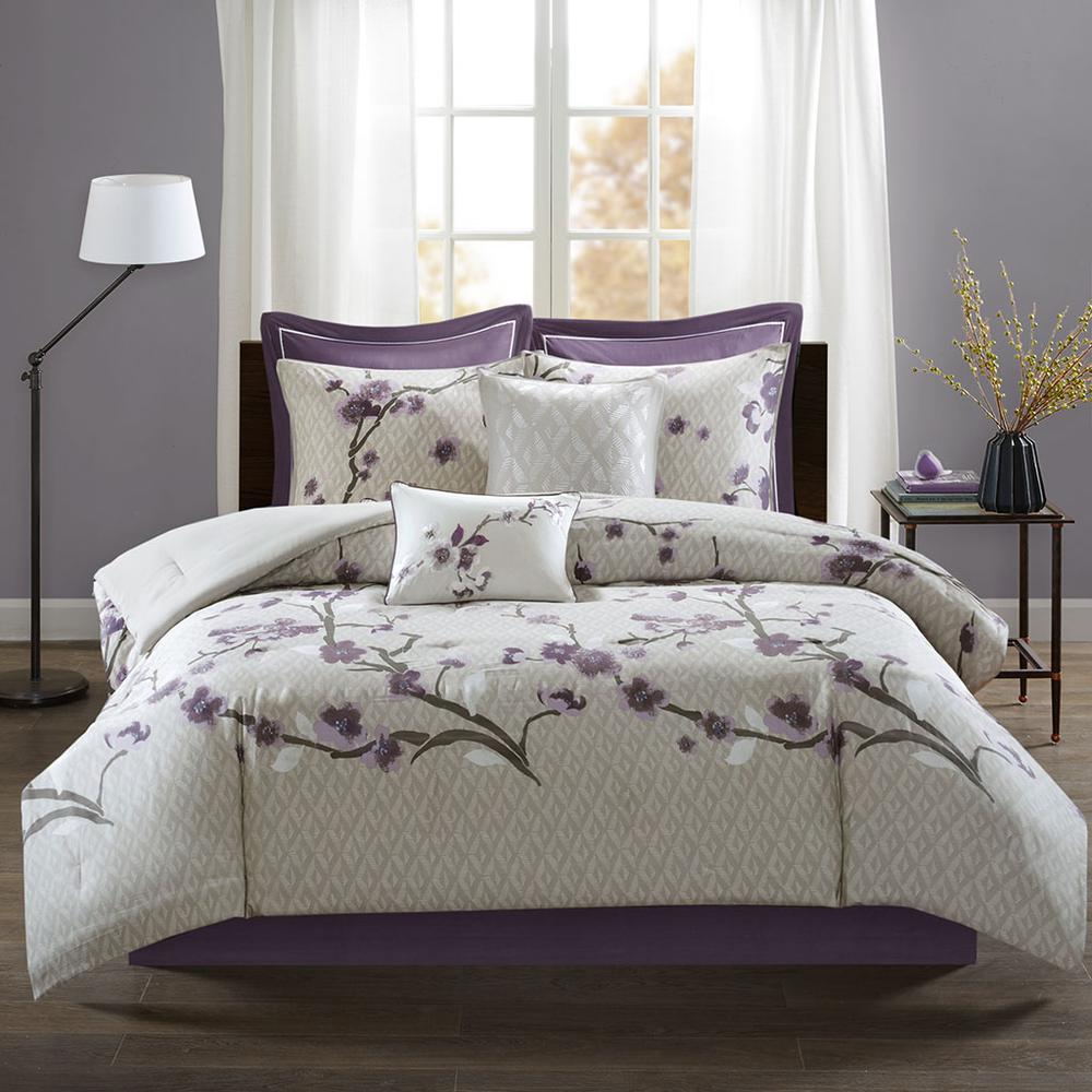 Holly 8-piece cotton comforter set in purple and taupe with matching pillow shams, stylish bedding by Start2Finish.