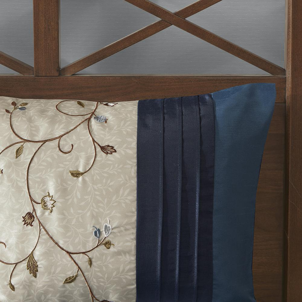 Start2Finish Serene Embroidered 7-Piece Comforter Set in navy, featuring intricate embroidery and matching pillow shams.